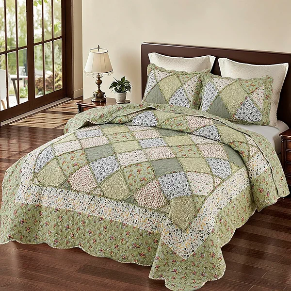 King Size Patchwork Quilt Set Green Floral Reversible Quilted Bedspread Coverlet Set 3-Piece Comforter Lightweight Stitched Quilt Bedding Set Bed Cover Blanket with 2 Pillow Shams for All Seasons