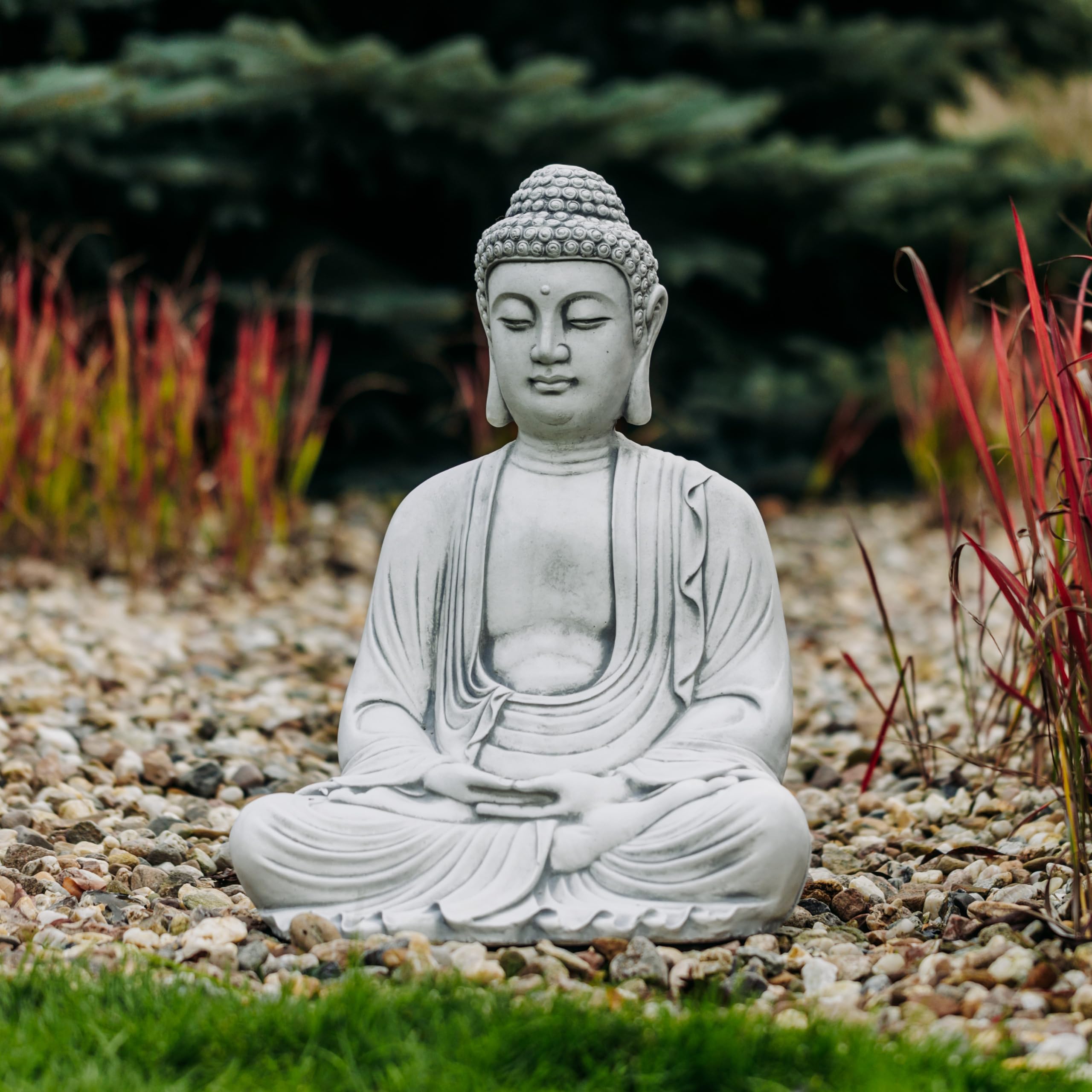 gartendekoparadies.de Statue de Bouddha Gardien du Temple Statue en Pierre Hauteur 56 cm 39 kg Gris Résistant au gel en Pierre pour Extérieur
