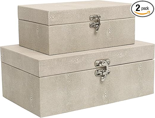 Faux Shagreen Leather Decorative Storage Boxes Set of 2, Ivory