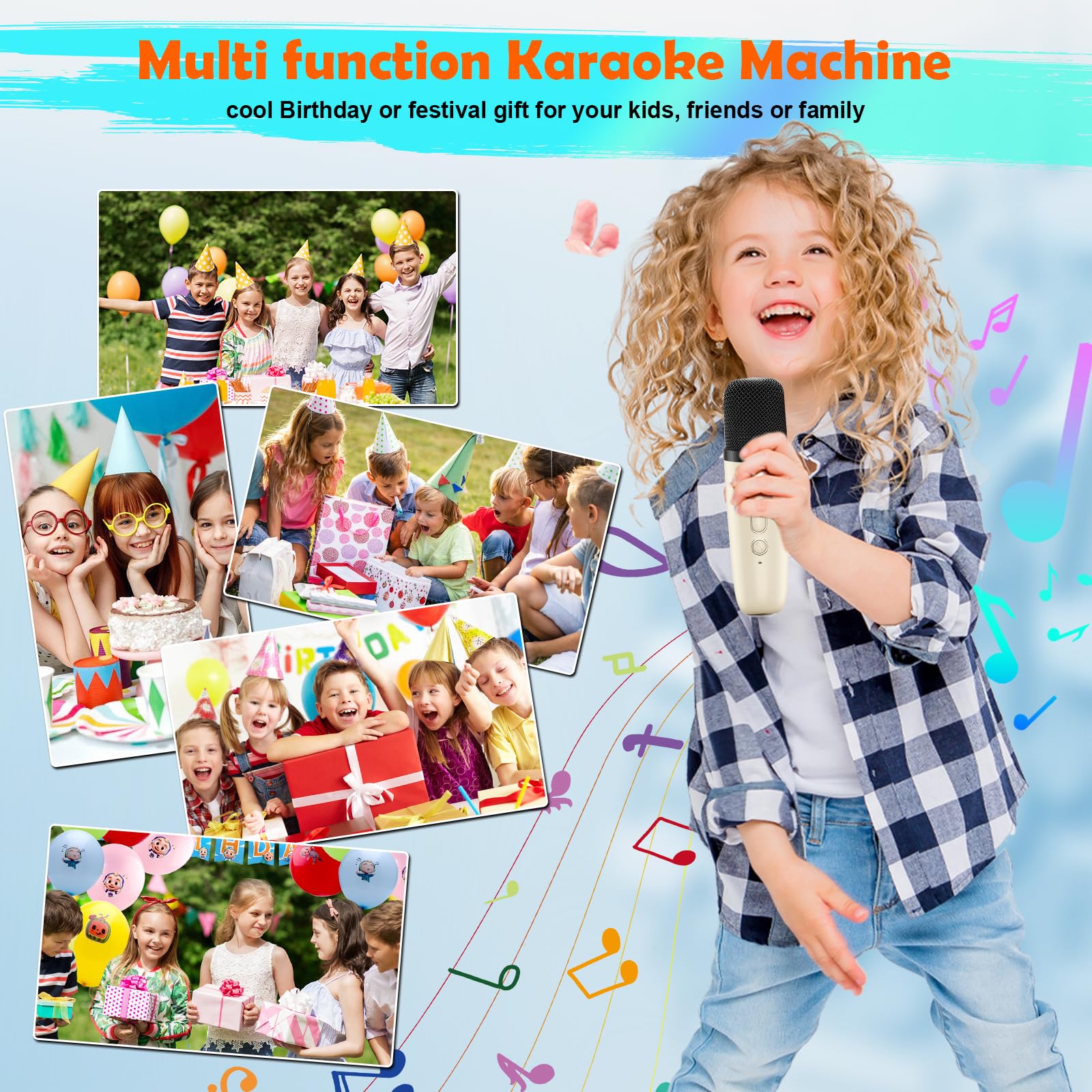 Maszyna do karaoke dla dzieci, mini maszyna do karaoke z 2 mikrofonami, zabawka od 3-12 lat, dla dziewcząt, chłopców, prezent na mikrofon, przenośny głośnik Bluetooth z efektami głosowymi i diodami