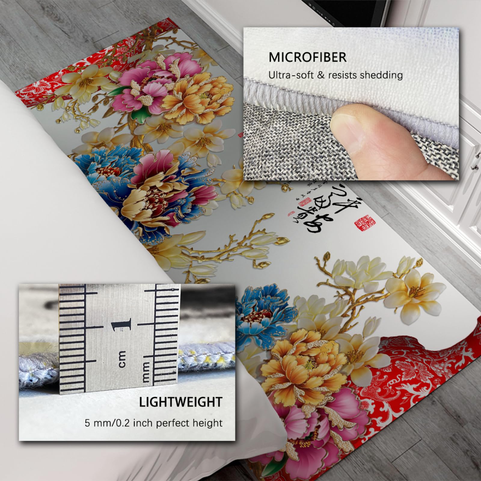 Tapis d’Impression 3D 120x180cm - coloré Riche Pivoine Magnolia Motif Machine Lavable Doux antidérapant à Poils Ras Mince Tapis pour buanderie
