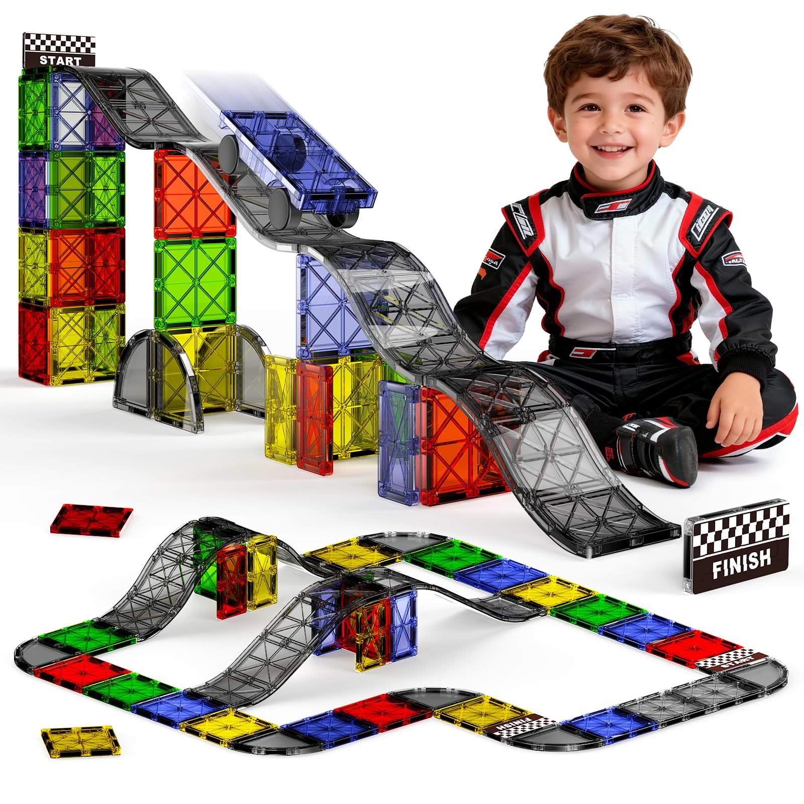 Construction Magnetique Routes Enfant, 40 Pièces Ville Tuiles Magnétiques avec Magnet Voiture, Jeux Blocs de Construction Aimant Jouets Educatif Cadeau pour Fille Garçon 3 4 5 6 7 8 Ans