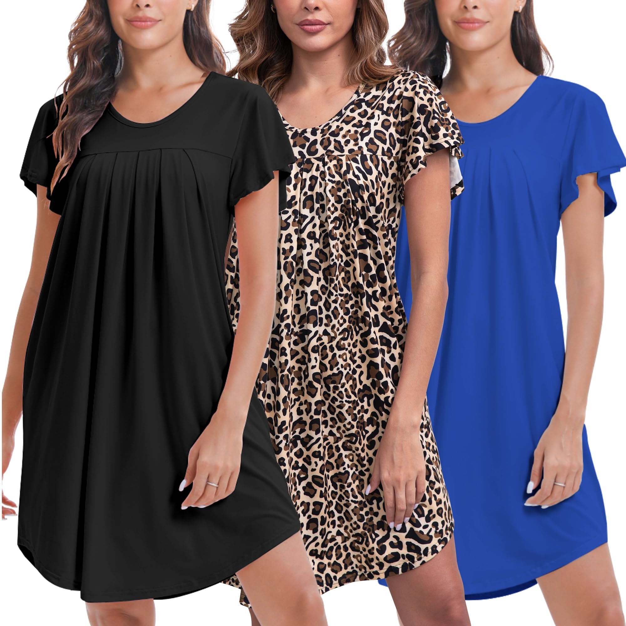 FEREMO 3 Pack Nightgowns for Women Pleated Night Gowns Print Sleepshirts Short Sleeve Sleepwear with Pockets S-XXXL