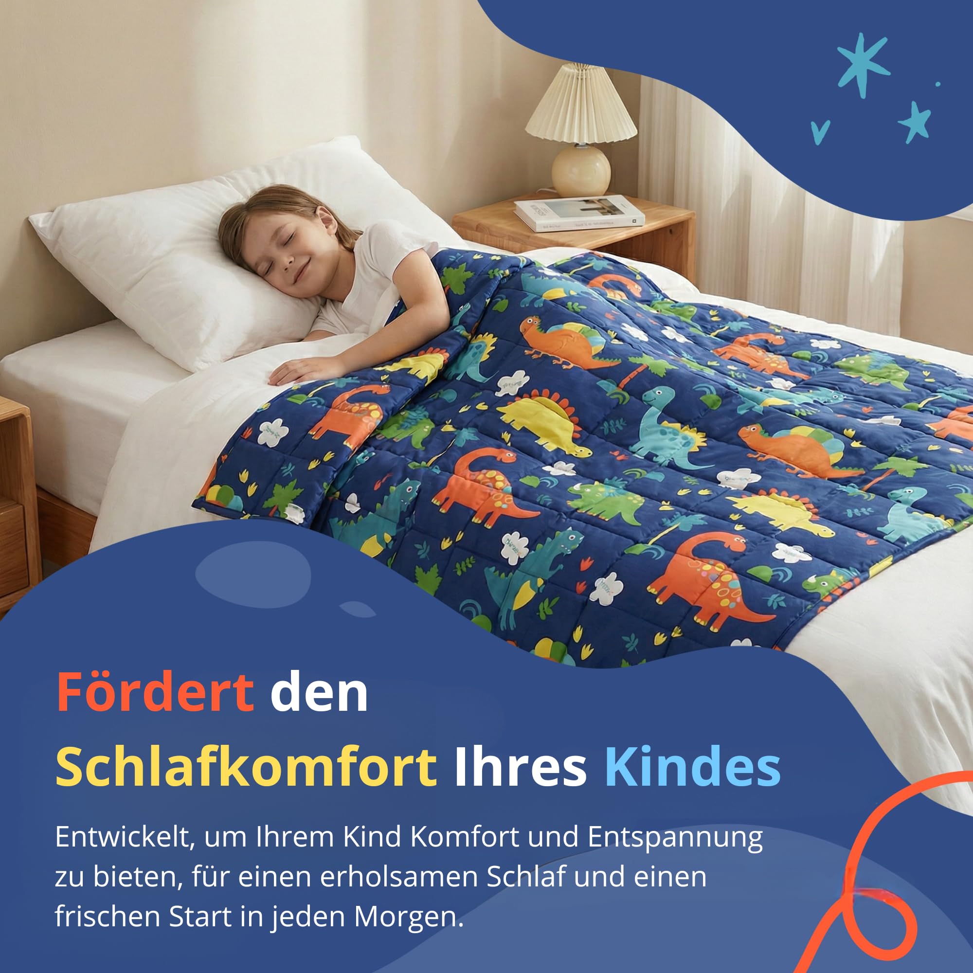 Vonia Gewichtsdecke Für Kinder – Gewichtsdecke Für Kinder Aus 100% Baumwolle | 3,2 Kg (104 X 152 cm) Sensorische Decken Mit Dinosaurier-Print Zum Schlafen – Grau/Blau