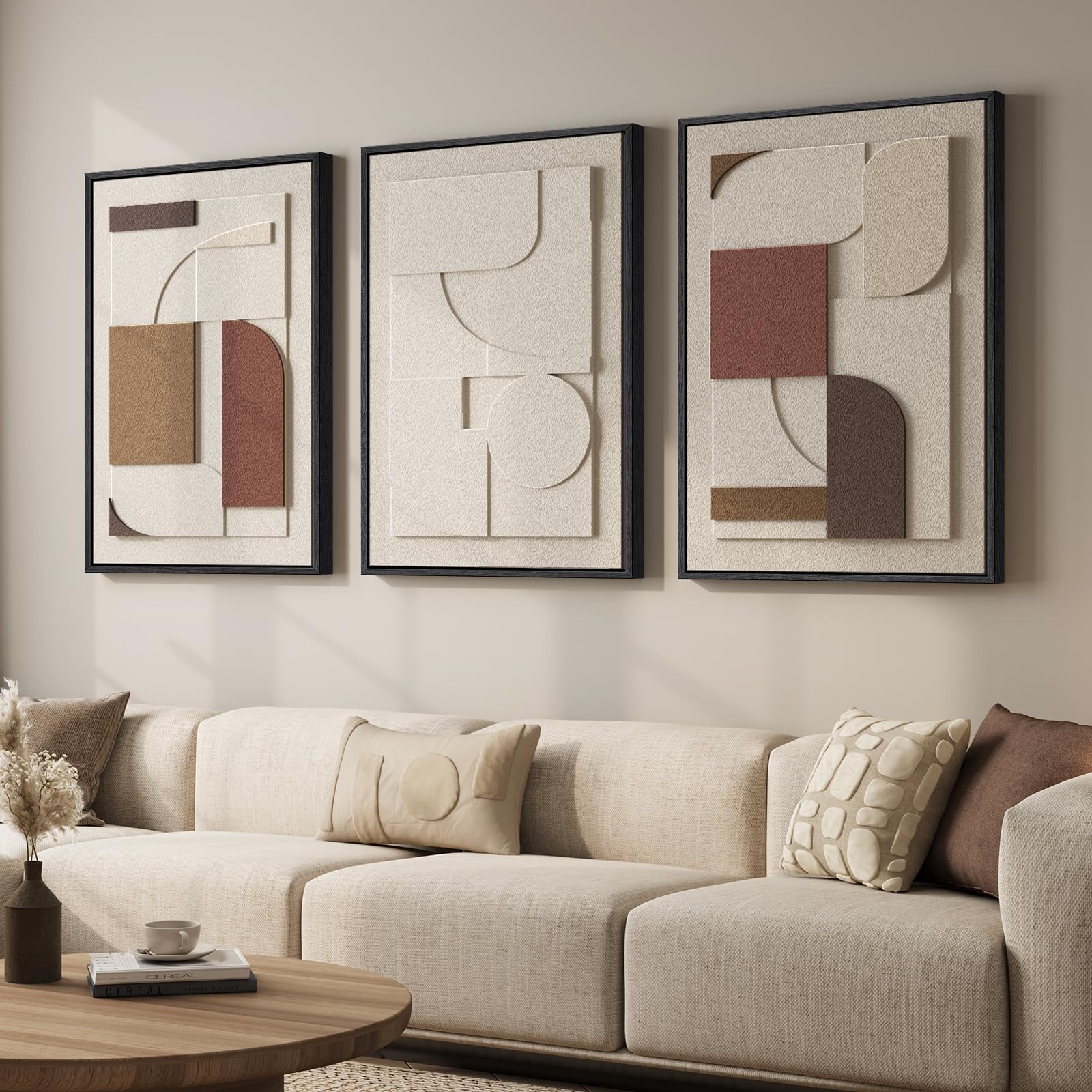 Photo 1 of Large Framed 3D Textured Neutral Abstract Wall Art for Living Room, 3 Piece Modern Paintings Artwork for Walls, Minimalist Geometric Pictures for Hallway Office Dining Bedroom Wall Decor 24x36 In