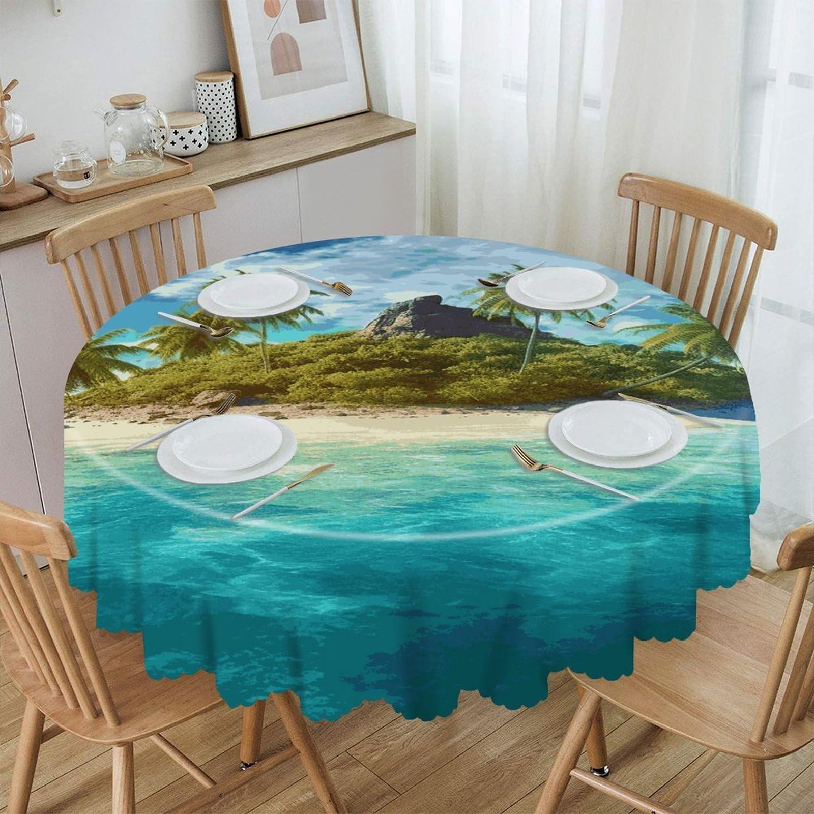 VstaDank Tropical Island Round Tablecloth 60 Inch Easy to Clean Circle Table Cover Thick Decorative Round Polyester Table Cloth for Dining Kitchen Party Farmhouse Outdoor