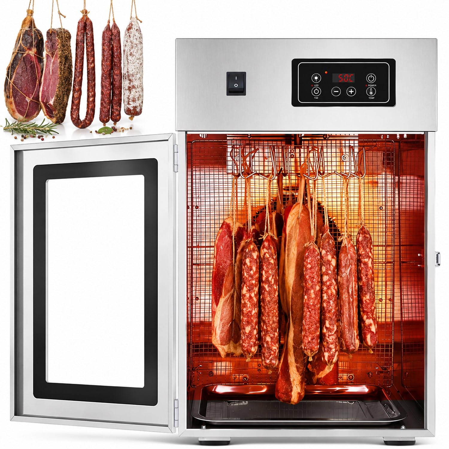 Reifeschrank Für Fleisch, Drehbarer Fleischtrockner, Dry Ager Reifeschrank, Edelstahl, 0–90 °c Einstellbar, Mit 14 Haken Und LED-Bedienfeld, 7,5 Kg Fassungsvermögen, Für Wurst, Bacon, Hähnchen