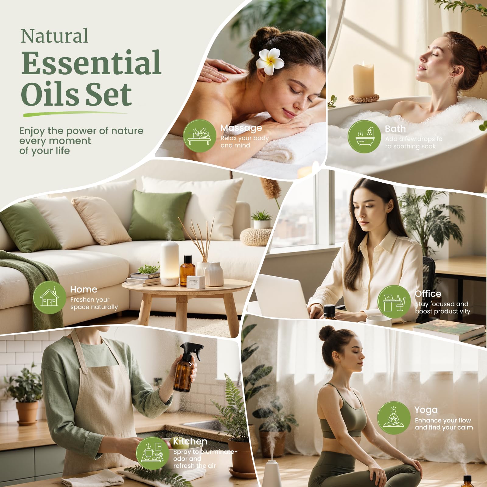Oli Essenziali per Diffusore 6x10ml,Set Oli Essenziali Naturali per Aromaterapia Relax, Sonno,Anti Stress e Benessere,Spa Casa, Umidificatore - Refresh,Relief,Sleep,Breathe,Immunity & Happy
