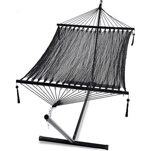 PNAEUT Double Hammocks with Stand Heavy-Duty for Outside, Luxurious Handwoven Rope Hammock 2 Person, Max 475 lbs Capacity (Abyss, with Stand)