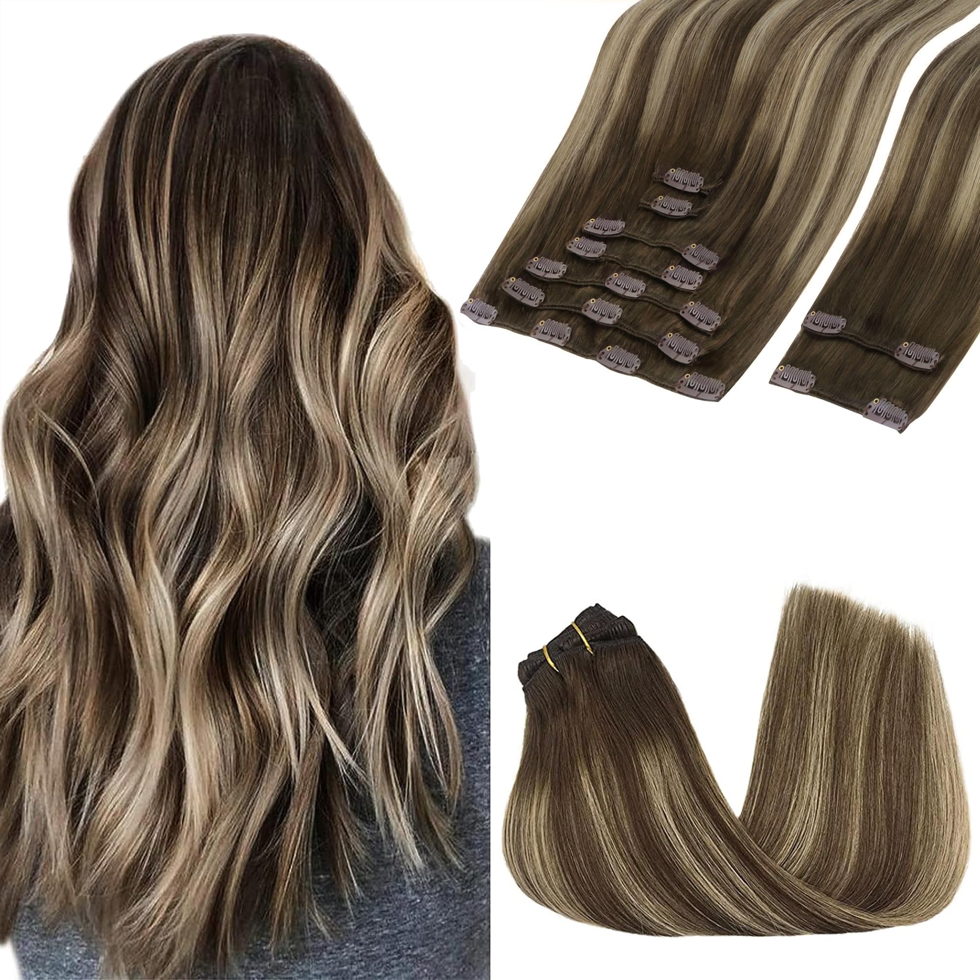 GOO GOO Clip in Hair Extensions Real Human Hair, Remy Human Hair Extensions Clip ins for Women, Natural Human Hair, 16inch 150g 9Pcs, 4/26/4 Balayage Chocolate Brown to Honey Blonde