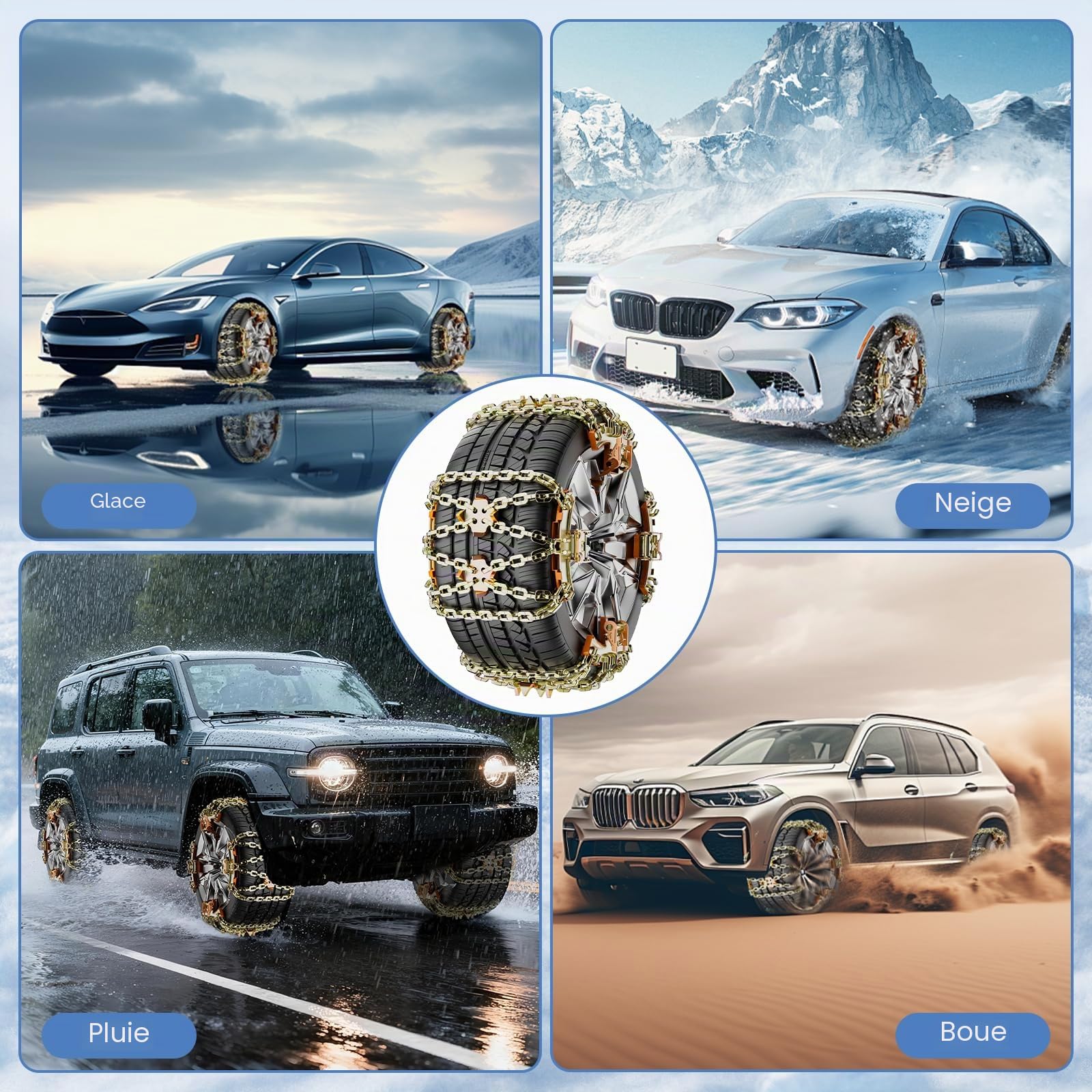 Chaînes à Neige Pour Auto GOHHME 4 Pièces Chaine Voiture Neige en Fer avec Gratte-Glace Pour Tous Types de Véhicules, Fermetures à Engrenages Automatiques 175mm-265mm