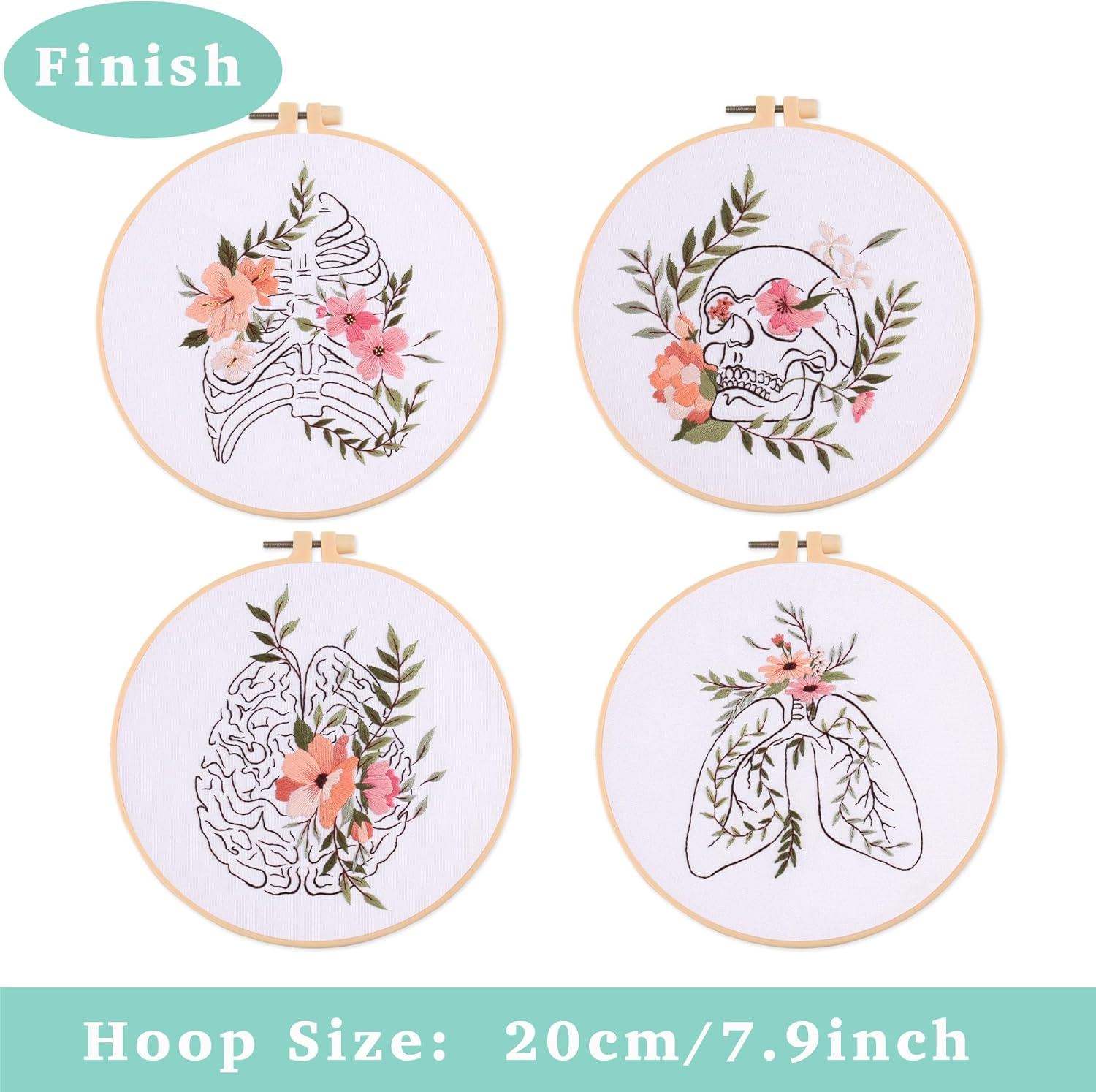 Four finished embroidery hoops displaying different abstract art patterns, with a label indicating hoop size.