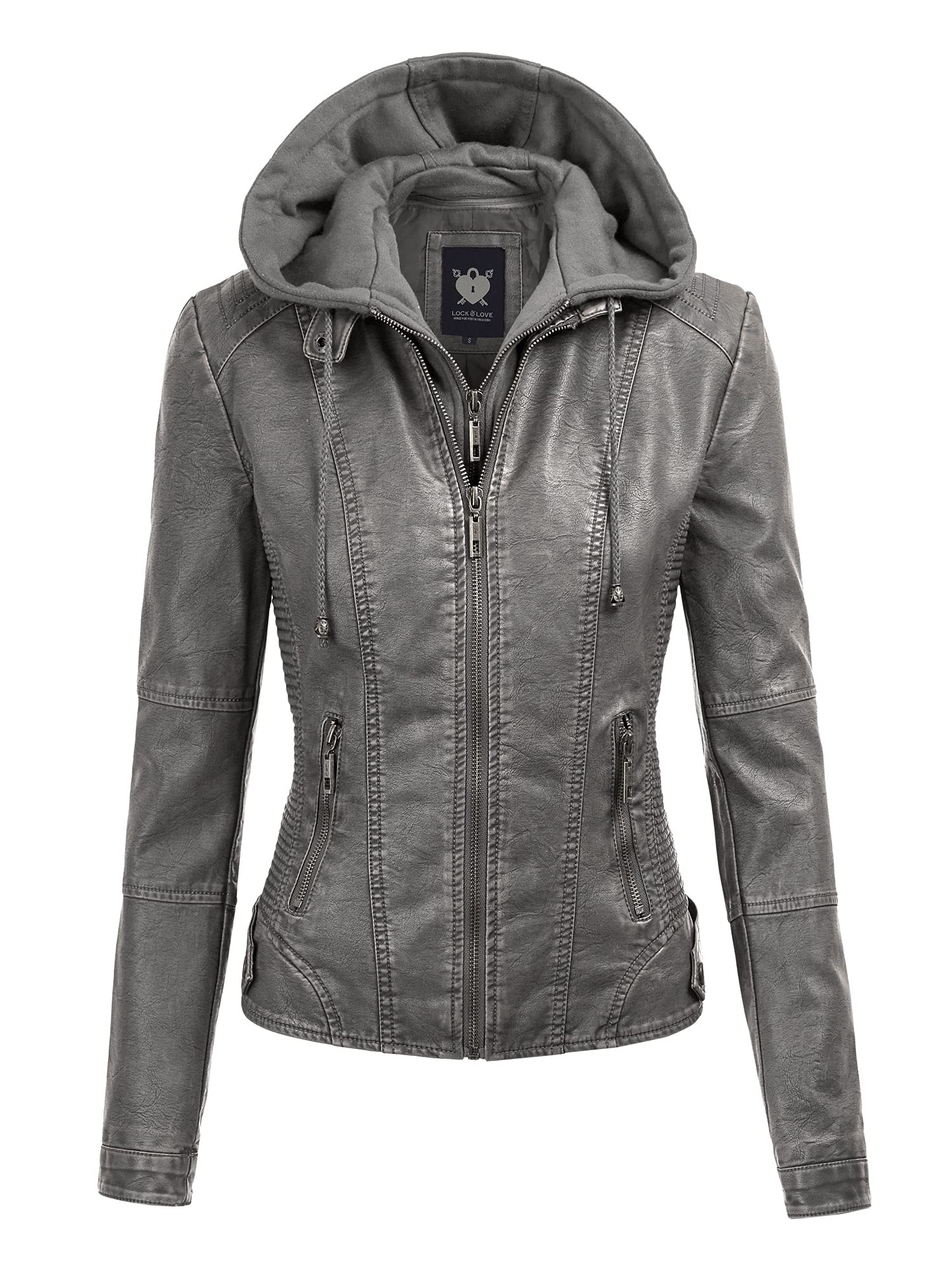 Lock and Love Women's Faux Leather Moto Biker Jacket Coat with Removable Hood