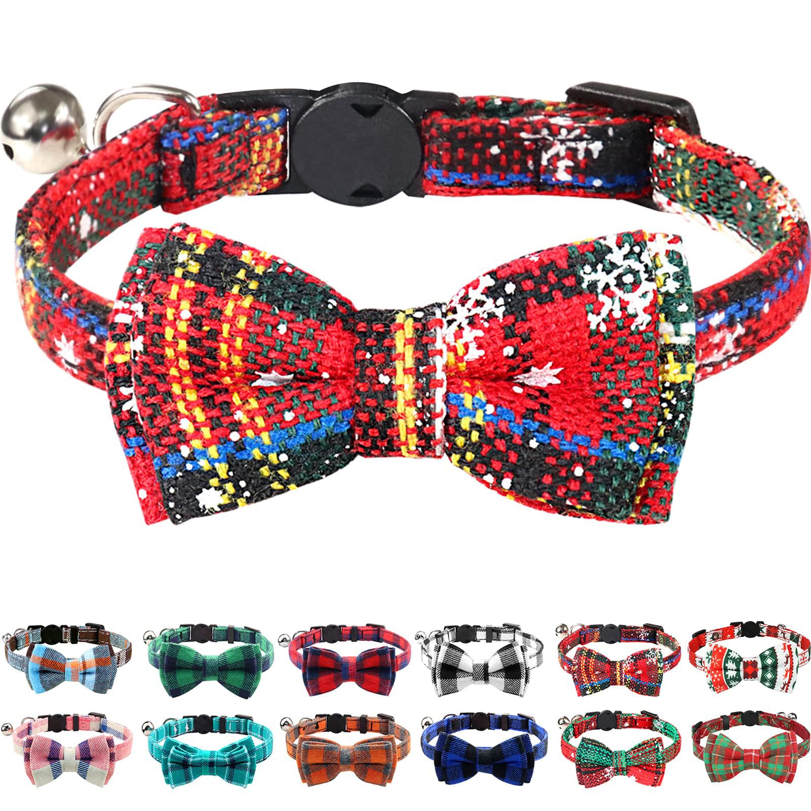 Joytale Upgraded Christmas Cat Collar with Bells, Breakaway Cat Collars with Bow Tie, 1 Pack Girl Boy Safety Plaid Kitten Collars, Christmas Red