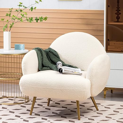 AISALL Sessel Moderner Loungesessel Einzel Loungesofa Lounge Sofa Gemütlicher Teddystoff Goldene Metallbeine Geeignet für Wohnzimmer Erholungzimmer, Weiß, Armlehne