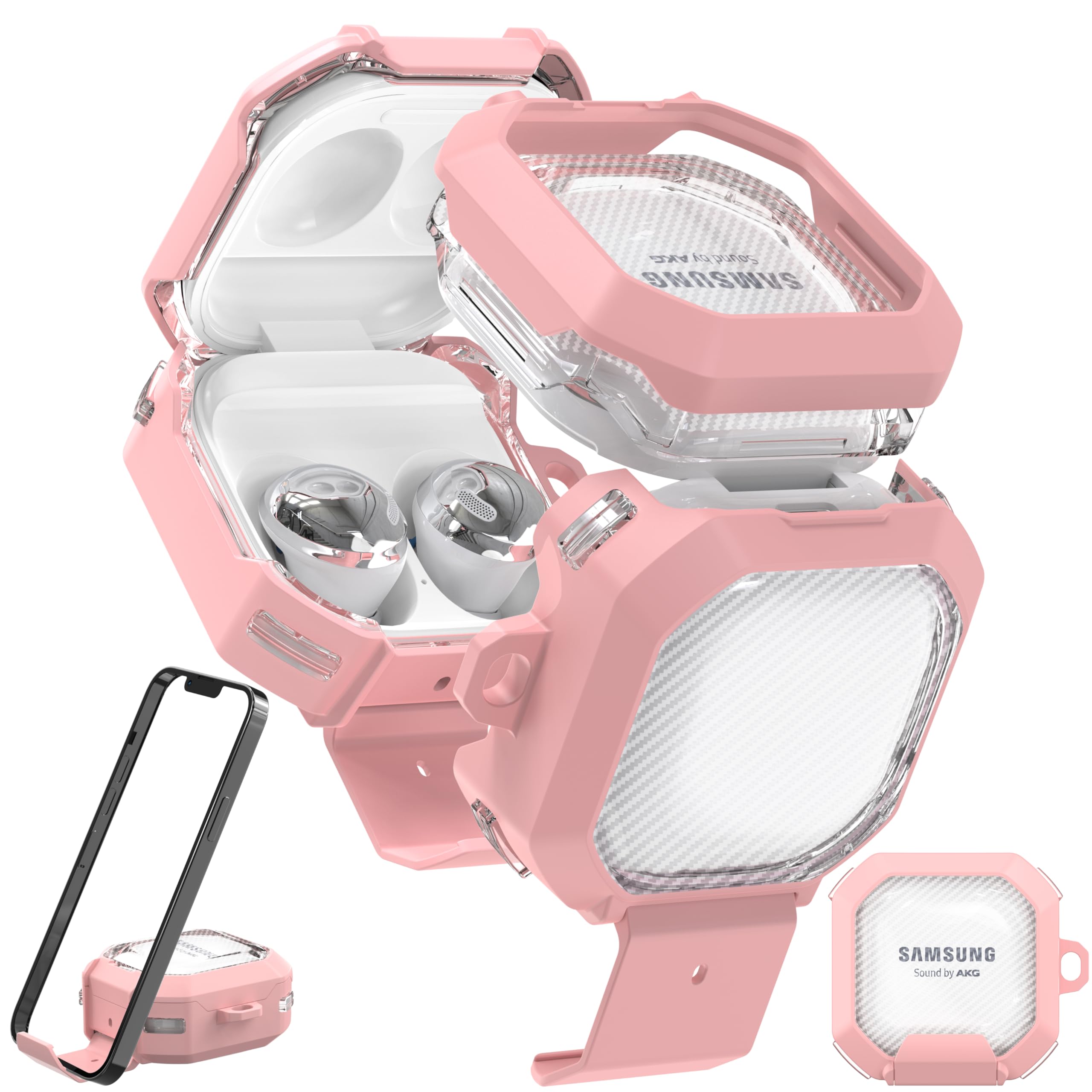 RFUNGUANGO 【Upgraded Version, High Transparency Carbon Fiber, Stand Protective Cover, Lock Design】 Suitable for Samsung Galaxy Buds 2 Pro/Buds Pro/Buds Live/Buds 2/Galaxy Buds FE Case,Pink