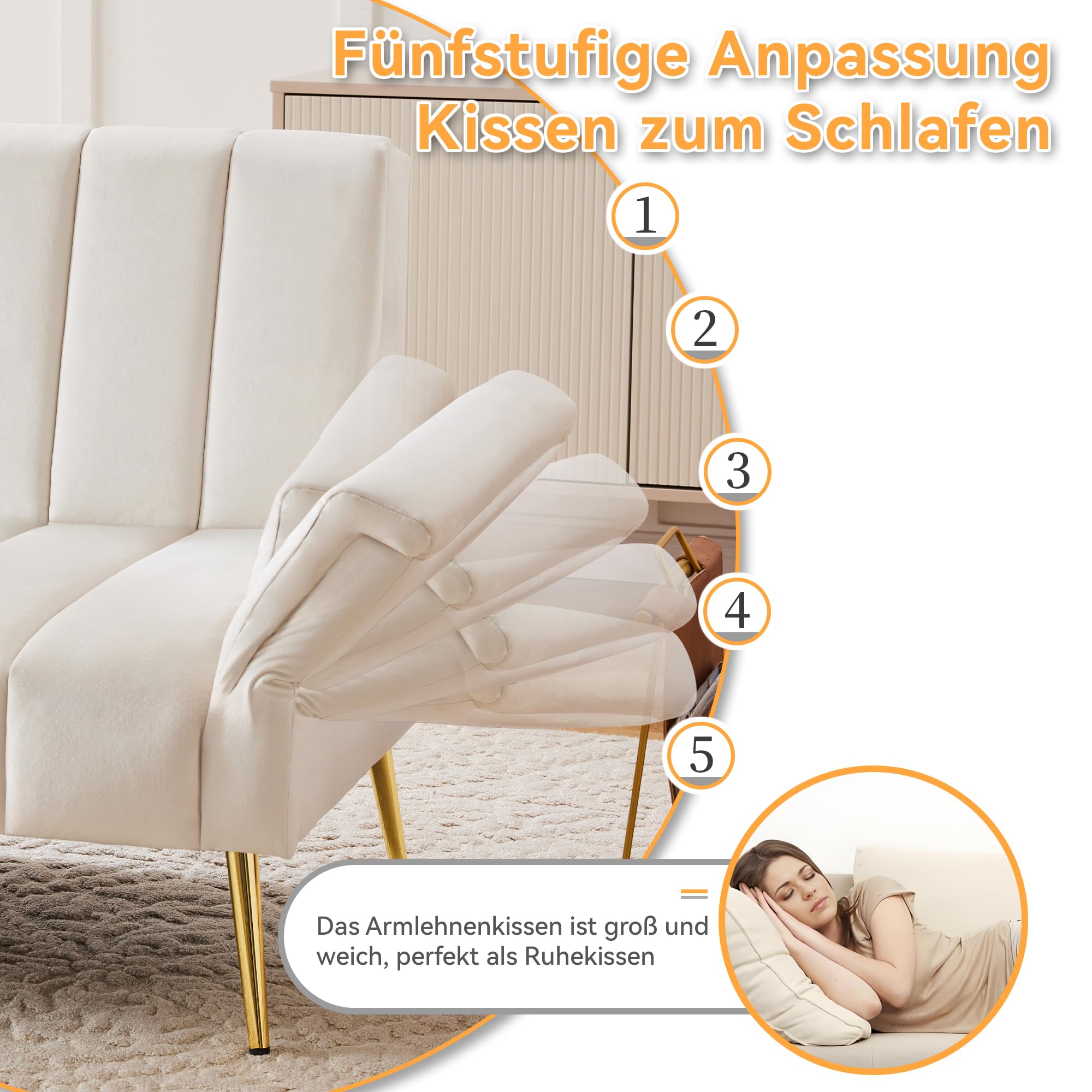Moderno divano letto pieghevole, divano letto con piedini ausiliari, funzione sonno, tessuto in velluto, adatto per soggiorno, camera da letto, home cinema, camera degli ospiti (beige)