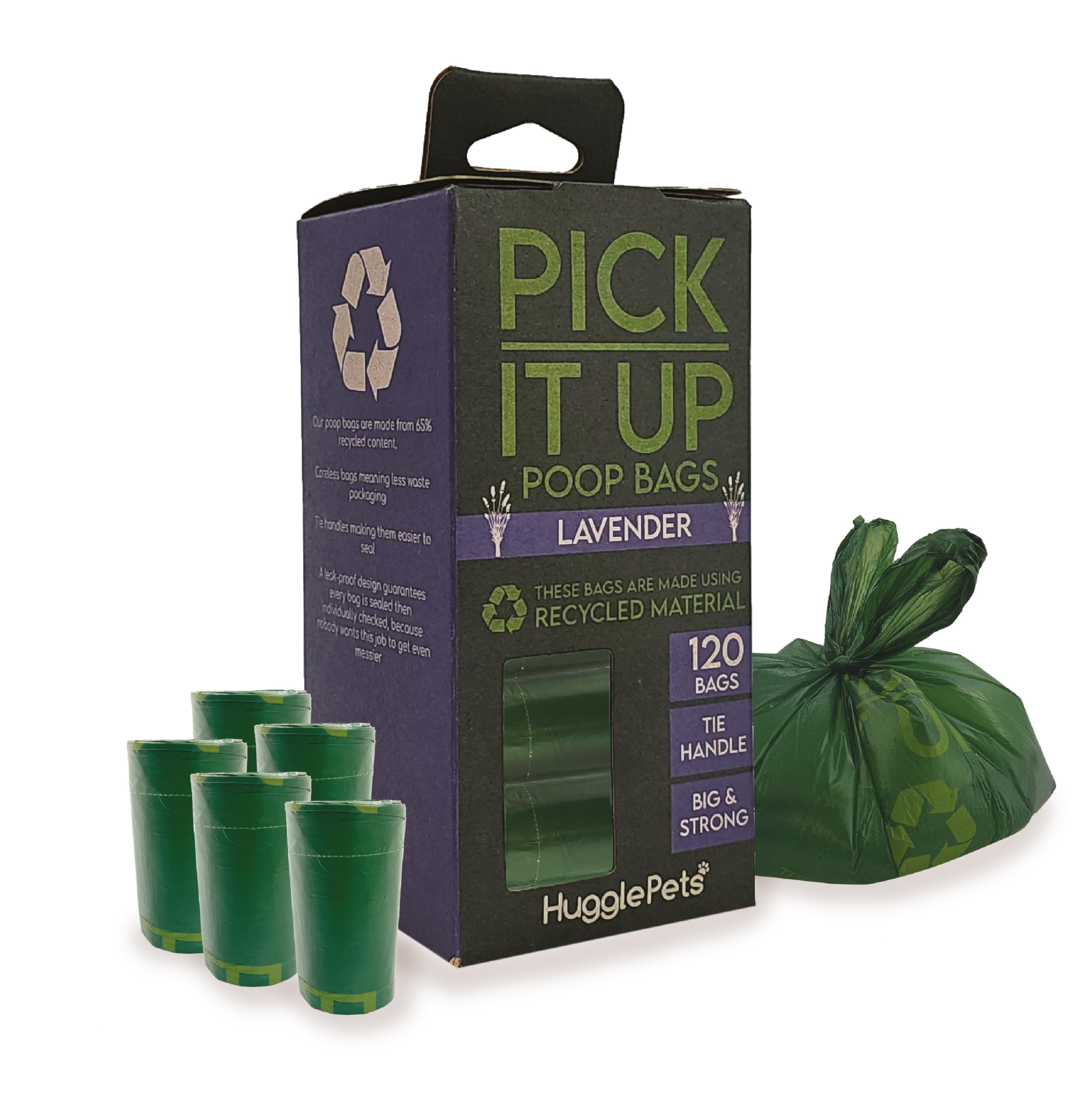 HugglePets Large Tie Handle Dog Poo Bags Rolls - 8 x 15 Bags, Total 120. 'Pick It Up' Lavender Scented Dog Poop Bags Rolls 65% Recycled Green Pet Waste Holders