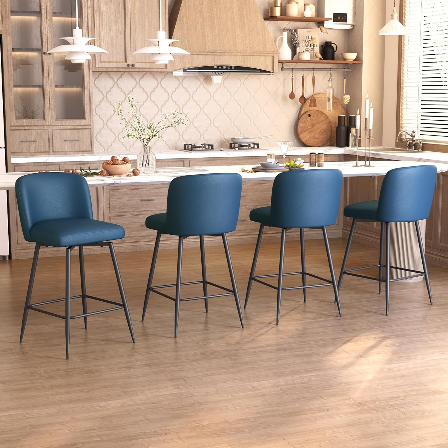 Pellebant 27 Inch Swivel Bar Stools Set of 2 Counter Height Barstools with Back Faux Leather Kitchen Island Chairs for Home Counter Kitchen and Dining Room Furniture, Blue