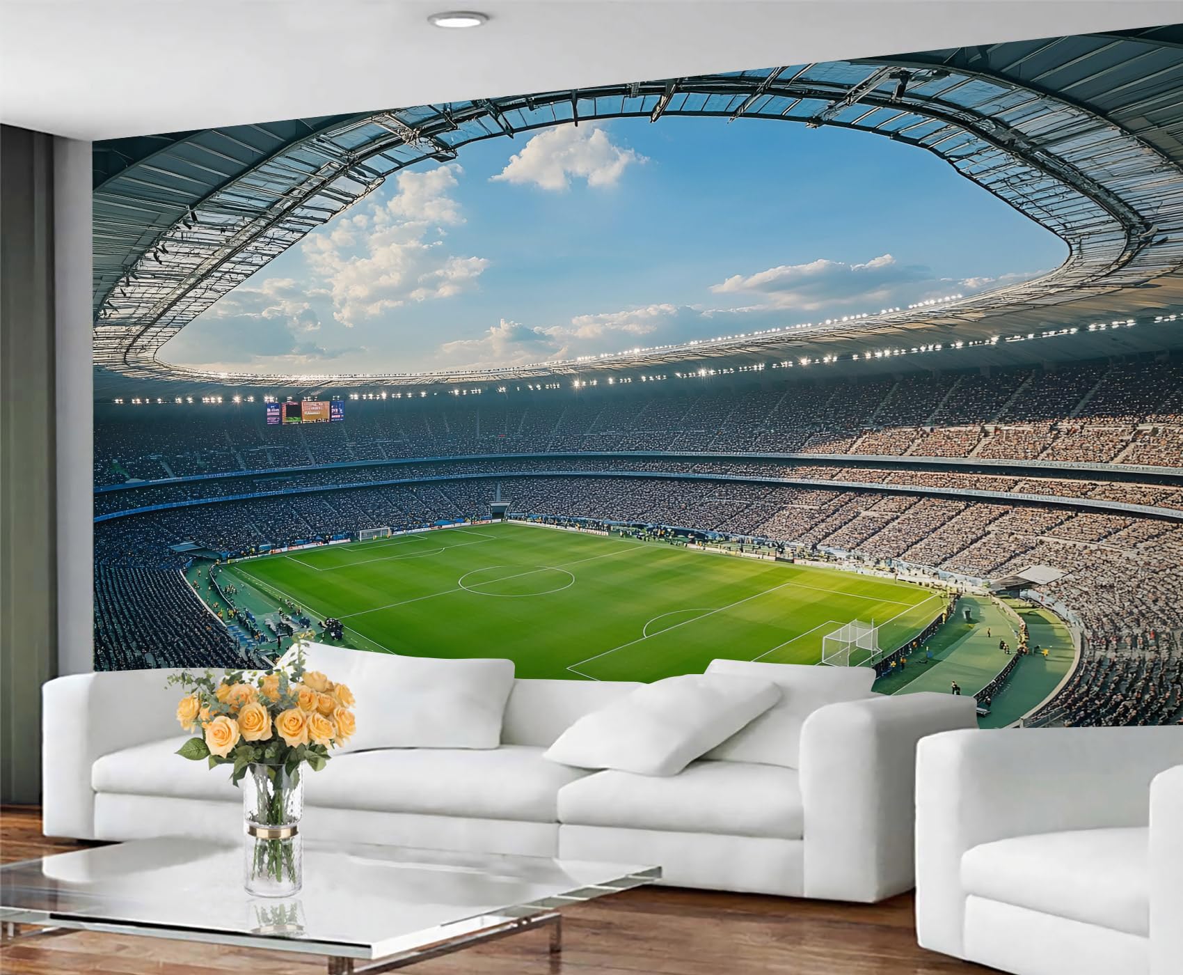 GIVLWF Soccer Stadium Wallpaper Mural & Room Decor, Green Pitch Bedroom Wallpaper, Football Wall Paper for Living Room, Non-Self-Adhesive Sport Murals for Walls