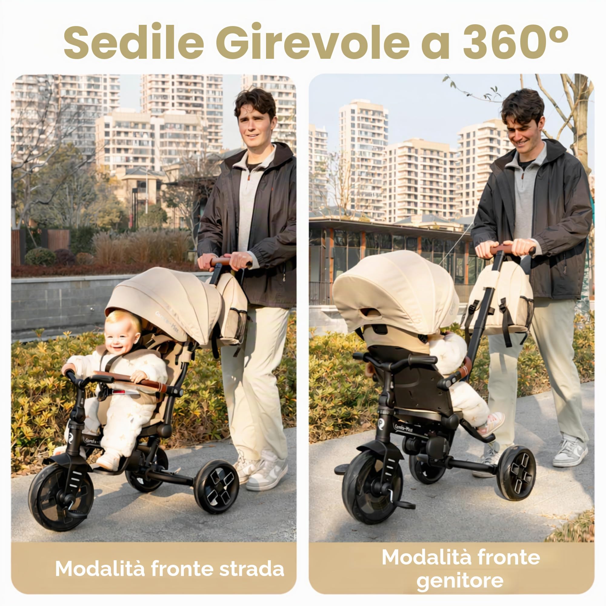Qplay Triciclo Evolutivo COMFO MAX 6 in 1 nero | Triciclo Bebe 1 anno pieghevole in alluminio con seduta a 360°, reclinabile e capottina - per neonati da 10 a 72 mesi (beige)