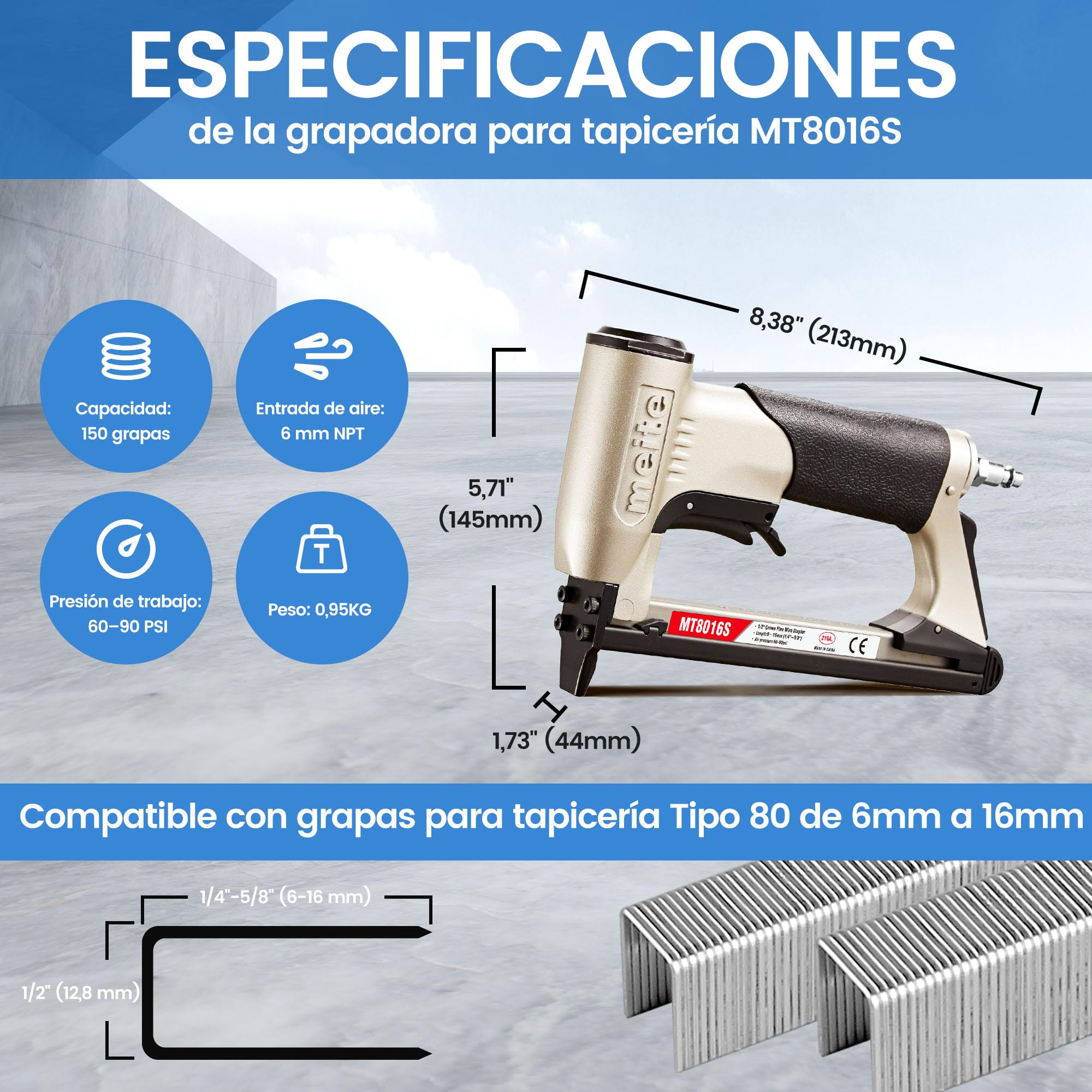 meite Grapadora neumática para tapicería MT8016S con gatillo de seguridad, para grapas calibre 21 de corona de 12 mm, ideal para carpintería, bricolaje y uso profesional, Grapadoras y clavadoras