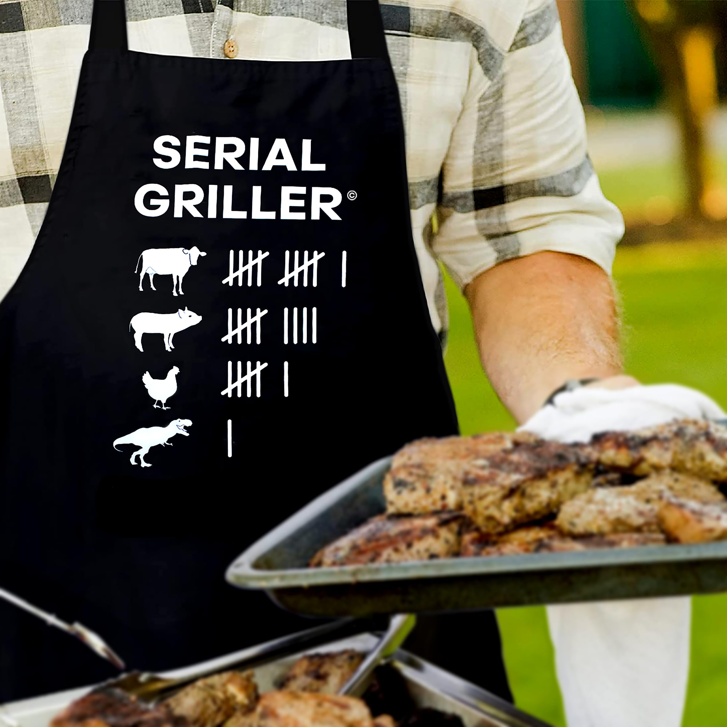 Funny grill & BBQ kitchen apron with pockets for men. Ideal gift for dad, mens, husband, chef, adult, man, boyfriend, women. For grilling and cooking - Dinosaur aprons gifts SERIAL GRILLER