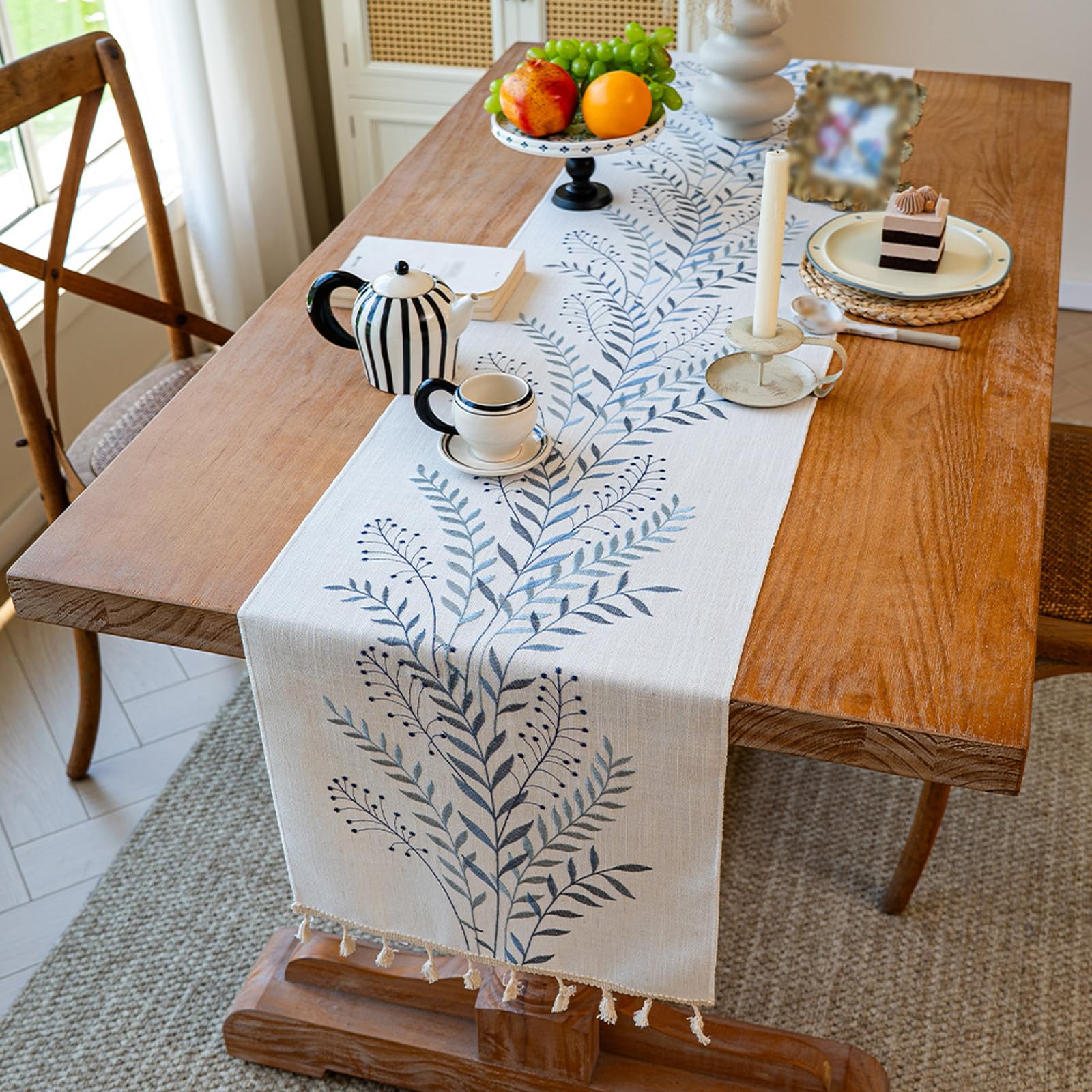 Embroidered Willow Leaf Table Runners Cotton Linen Tablerunner With Tassels Elegant Rectangle Decor For Daily Use Kitchen Dining Party Dessert Table Decor Blue Pussy Willow (35*180cm/13.77*70.86in)