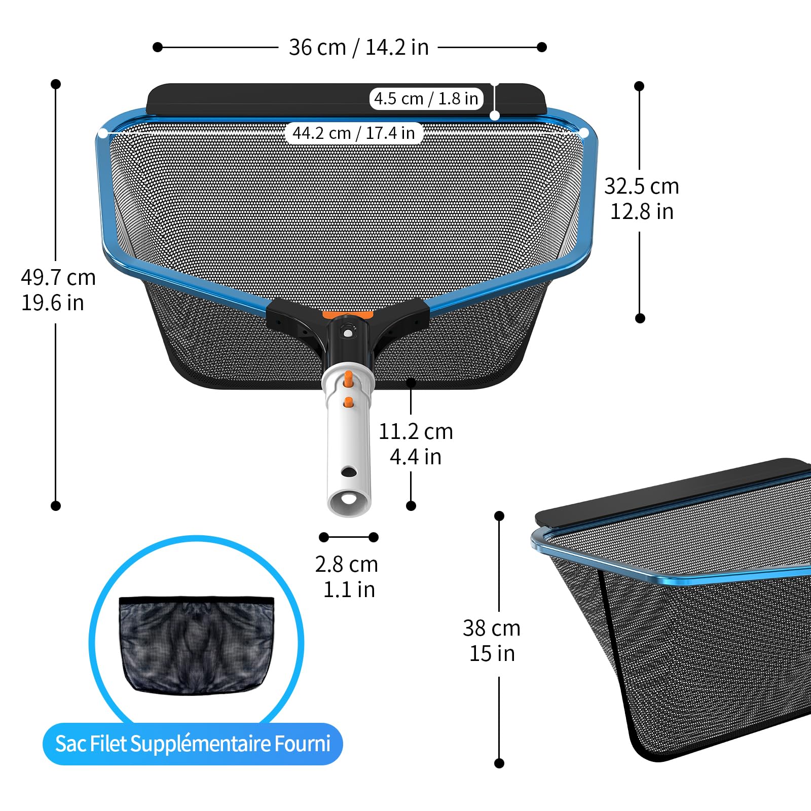 Épuisette de Fond de Piscine avec Cadre en Aluminium Robuste, Filet de Nettoyage à Feuilles pour Piscine, Étang, Spas, Fontaine, Parc Aquatique, avec 2 Filets (sans Perche Réglable)