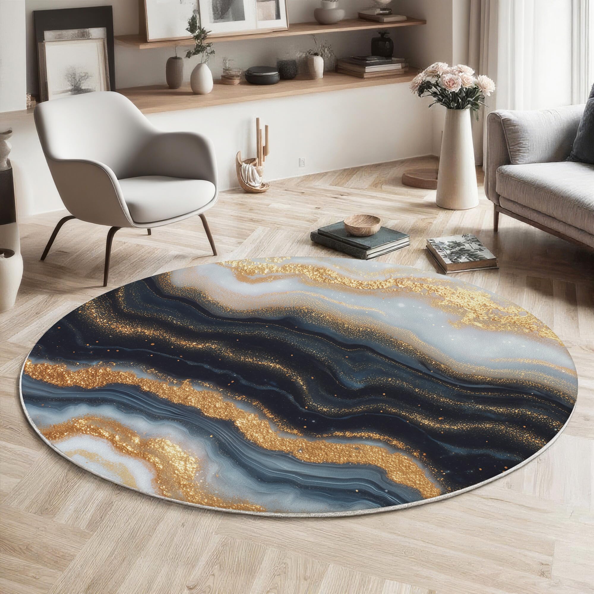 Tapis Rond Style d'art Abstrait Moderne - Lavable en Machine - Motif en Marbre - pour Salon, Chambre à Coucher, Salle de Bain - - Or - 160cm