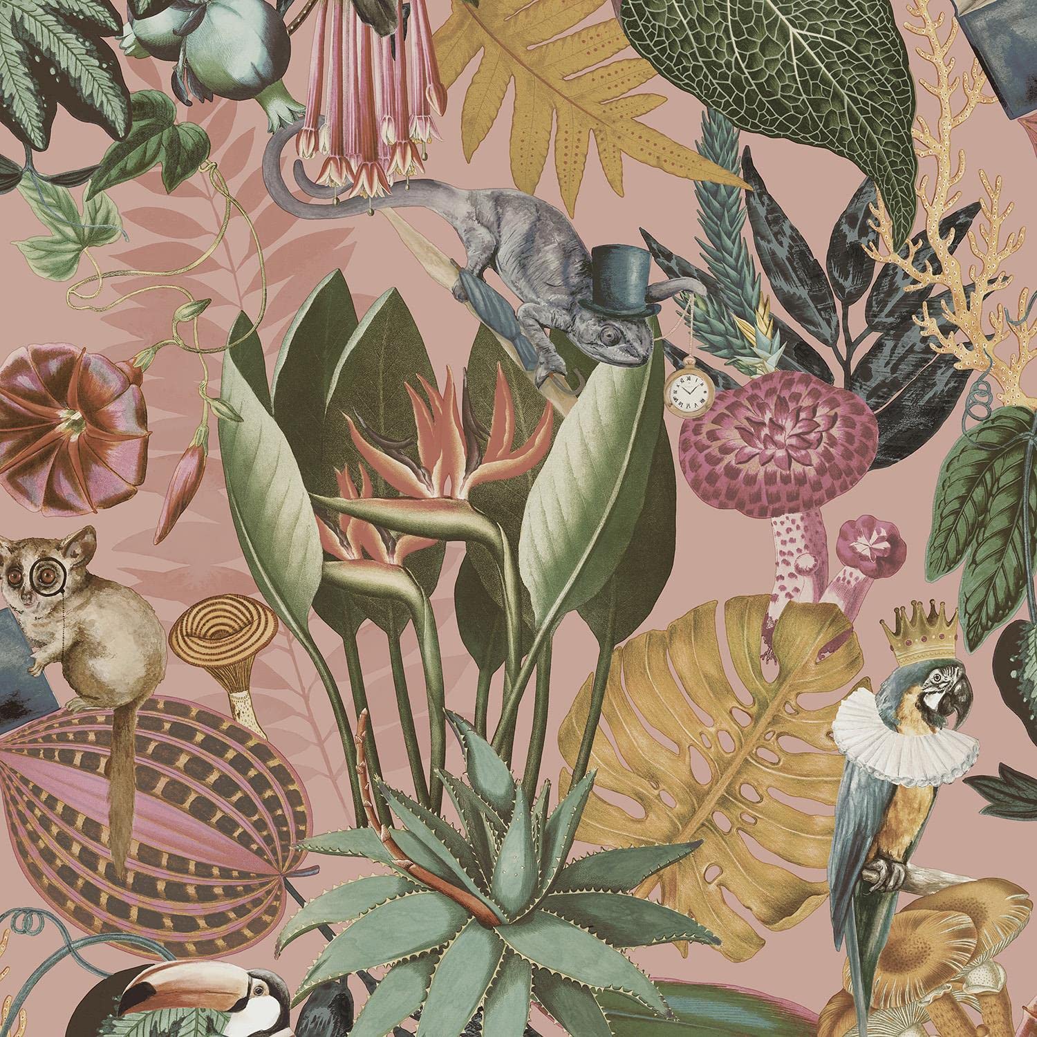 Yöl Pink Wonderland Jungle Floral Birds Exotic Blush Multicoloured Smooth Wallpaper