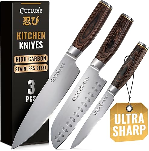 Cutluxe Shinobi - Juego de cuchillos de chef profesionales, 3 piezas, diseño de cuchillos de cocina japoneses, cuchillas afiladas de acero
