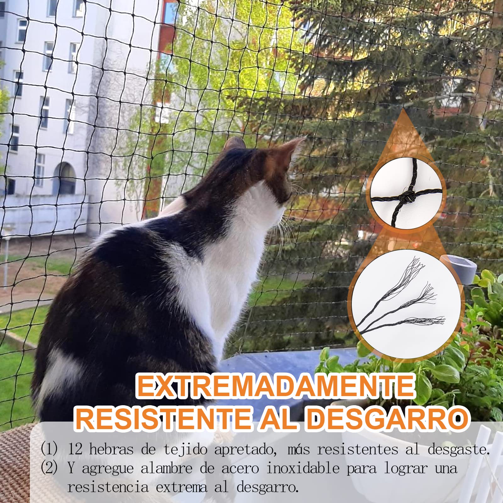 Red para Gatos Reforzada con Alambre, 8x3m Red Protección para Gatos Terraza de sin Taladro para Balcones, Ventanas, Tragaluces y Puertas