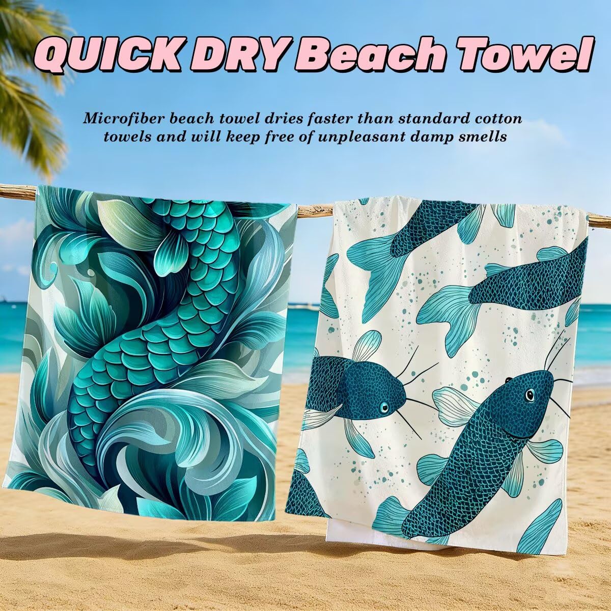 Toalla Playa 100x220 cm, Toalla Gimnasio Microfibra Secado Rapido, Juego de 2 Antiarena Toallas de Playa, Ligera Compacta Toallas Microfibra Grande para Viaje, Regalo Hombre Regalo Mujer (Pez) -5143