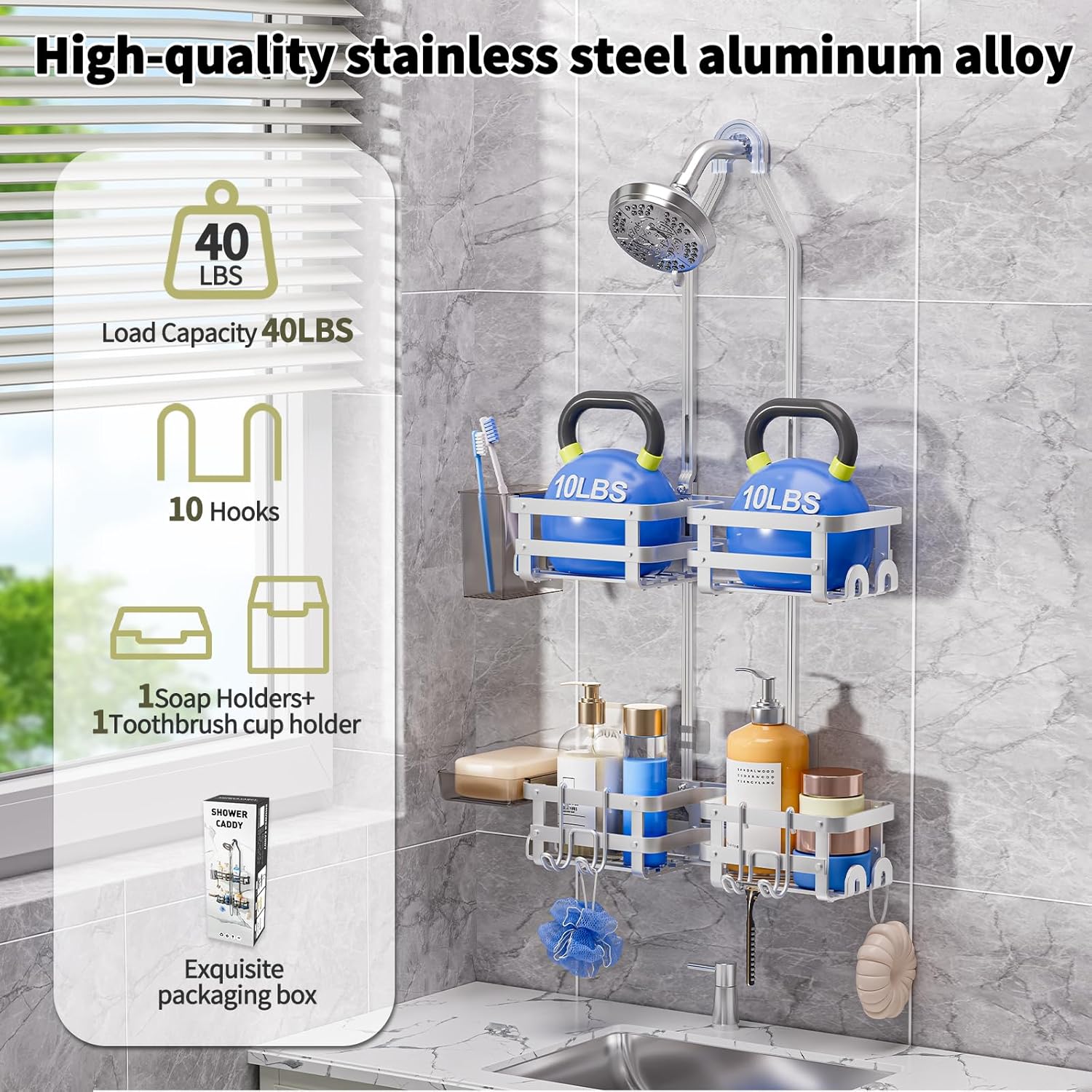 Aluminum Shower Caddy Hanging, Never Rust Shower Organizer- 4 Levels with adjustable Height 10 Hooks for Razor/Sponge - Rack with Soap Basket (Silver)