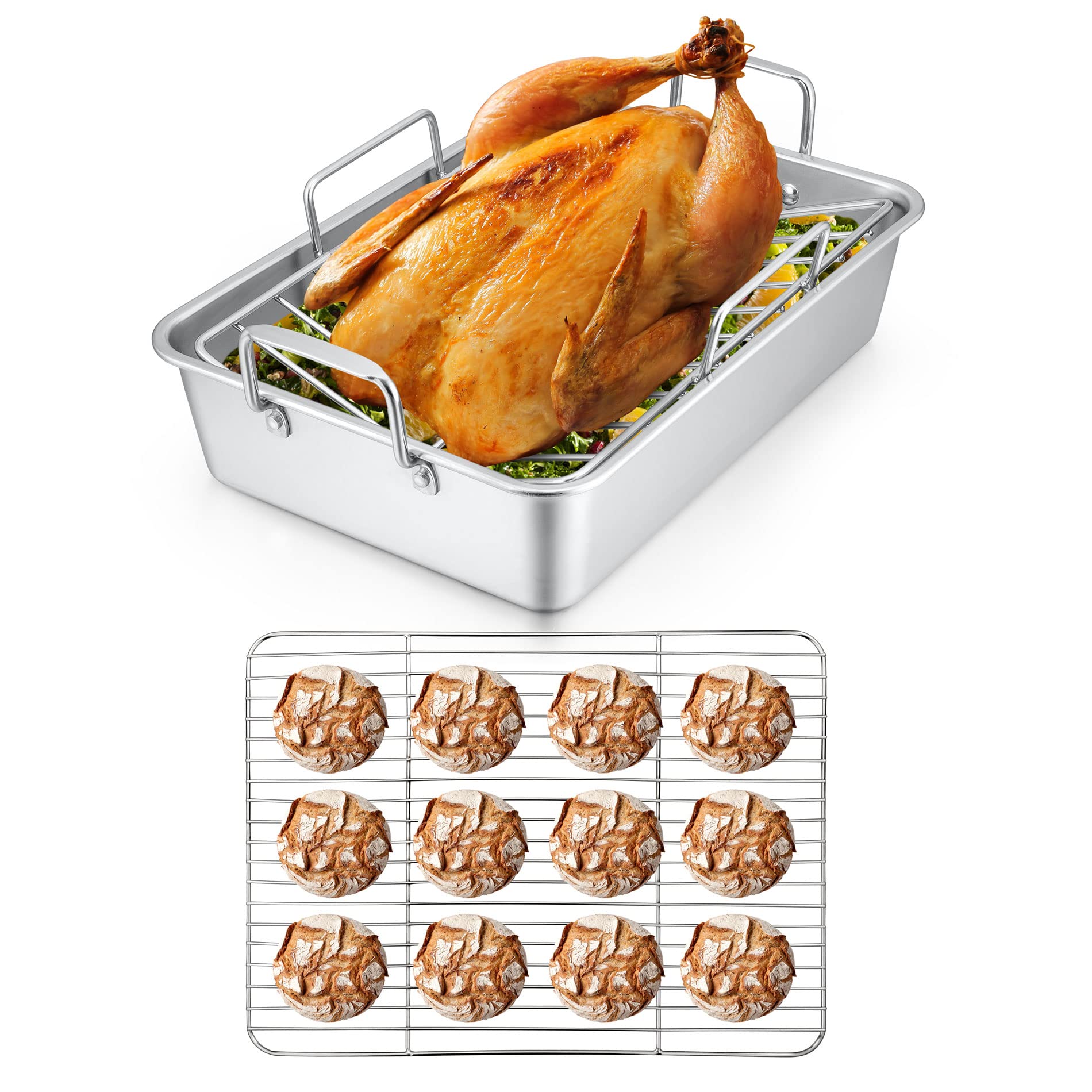 Buy 15.3 Inch Roasting Pan with Rack Set of 3(Deep Broiling Pan & V