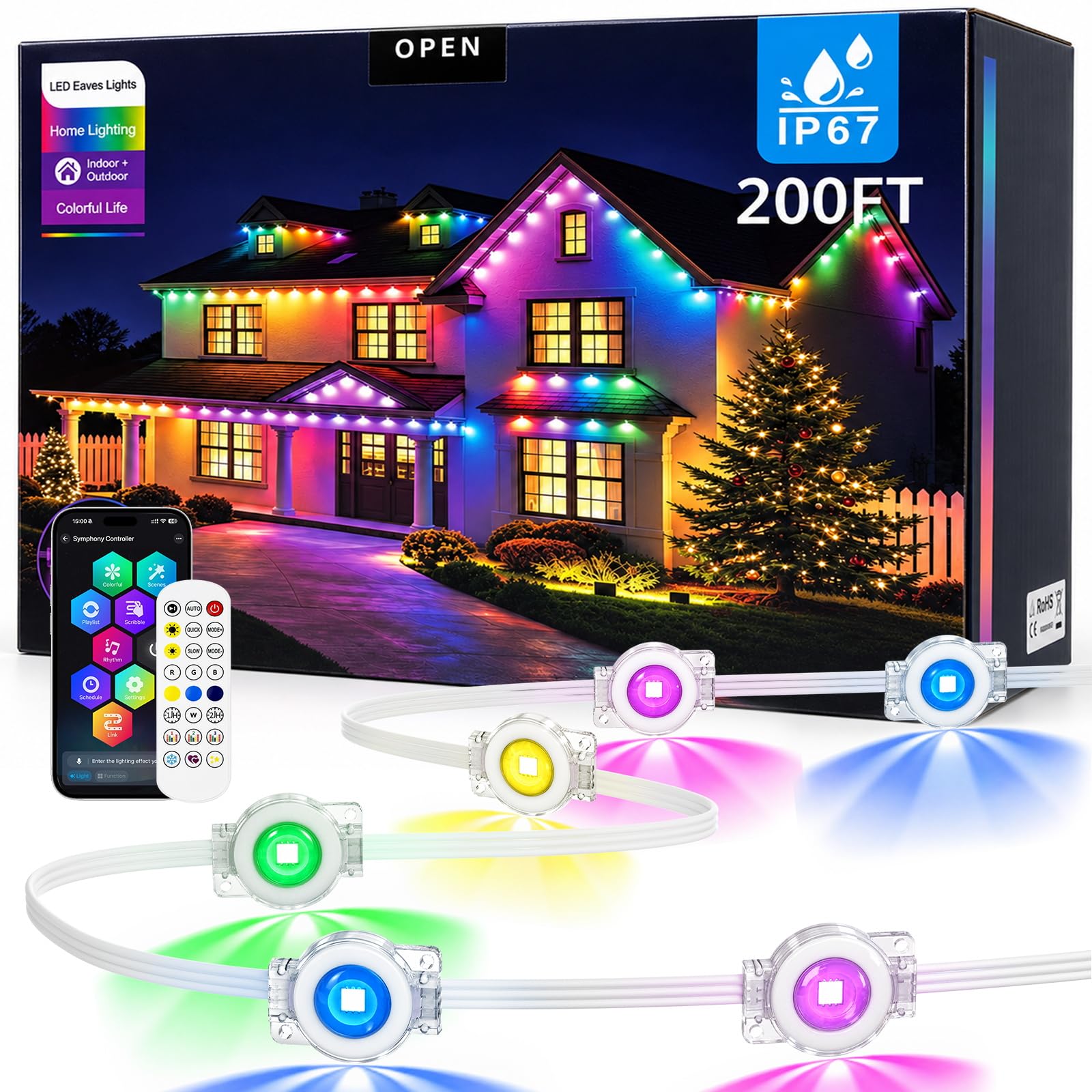 App & Remote Control, IP67 Waterproof, DIY Music Sync, 50 Scene Modes for Christmas, Holiday & Party Decor Permanent Outdoor Lights for House,200FT Christmas Lights