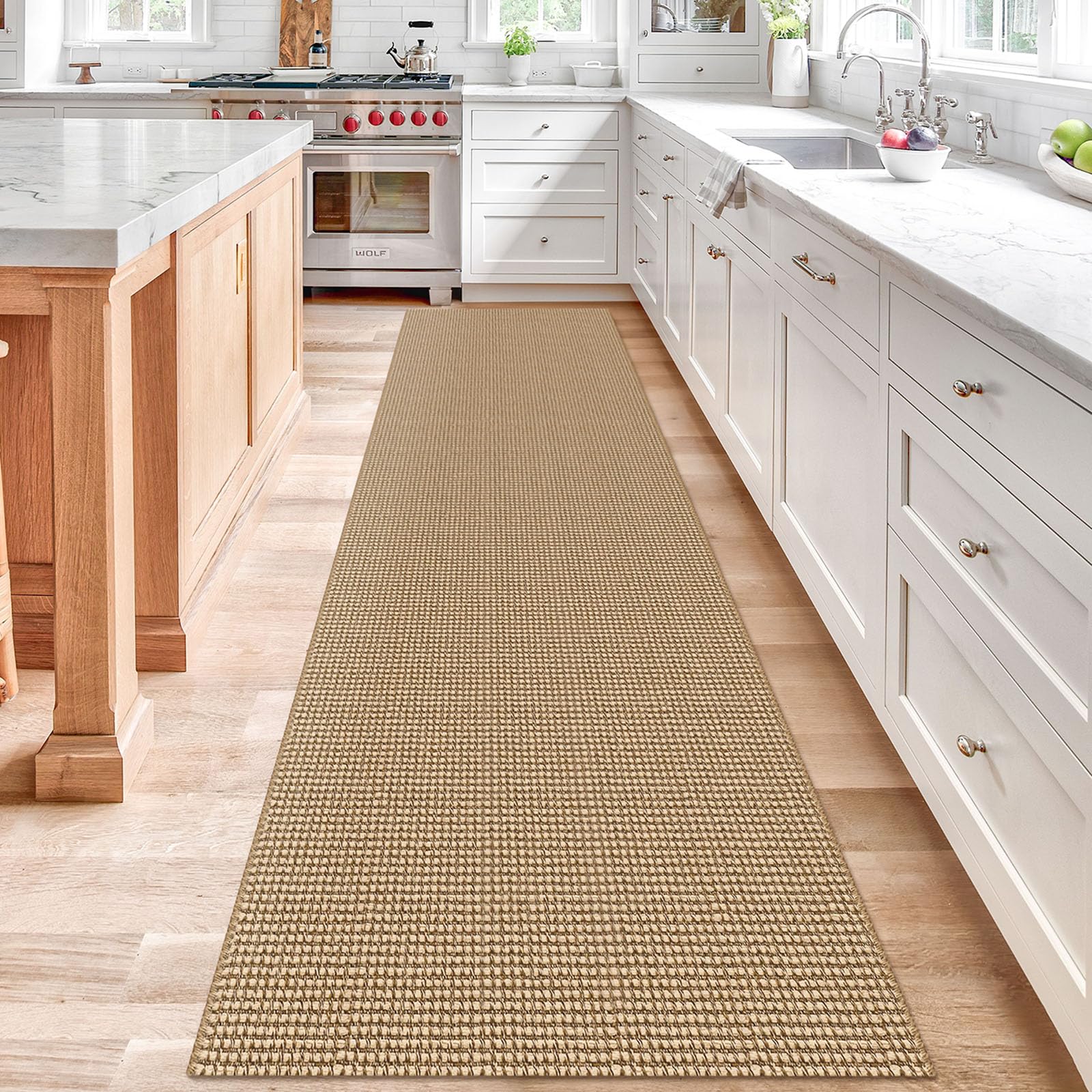 IOHOUZE Washable Kitchen Runner Rug 2.6'x12' Rubber Backing Hallway Runner Entryway Runner Indoor, Farmhouse Natural Boho Jute Rugs Low Pile Cotton Long Floor Carpet for Kitchen Hallway Entryway