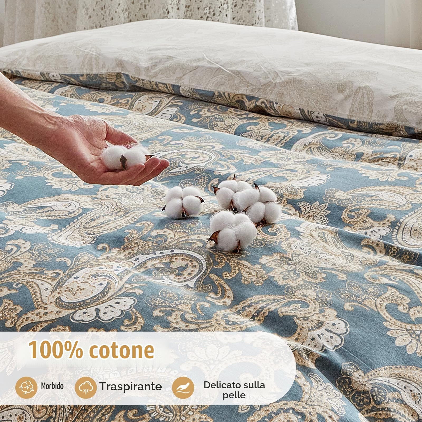 Lekesky Set Copripiumino Matrimoniale 240x220 Cotone, Copripiumino Matrimoniale 3 Pezzi in Cotone con Motivo Paisley, Comprendente 1 Copripiumino 240x220 + 2 Federe 50x80, Senape Paisley