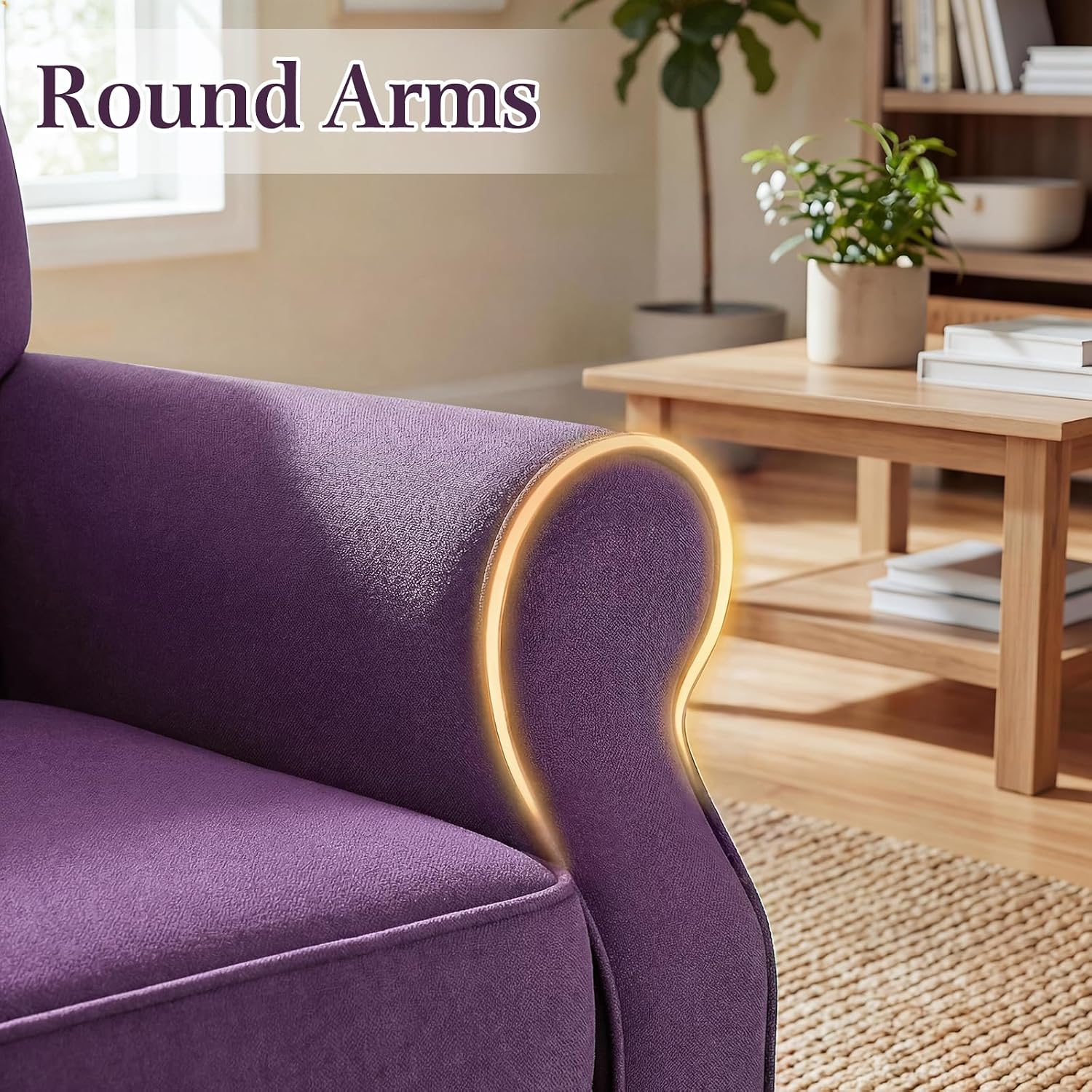 EROMMY Mid Century Wingback Arm Chair, Modern Fabric High Back Accent Chair with Curved Armrests & Solid Wood Legs, Upholstered Single Sofa for Living Room, Bedroom, Home Office, Purple