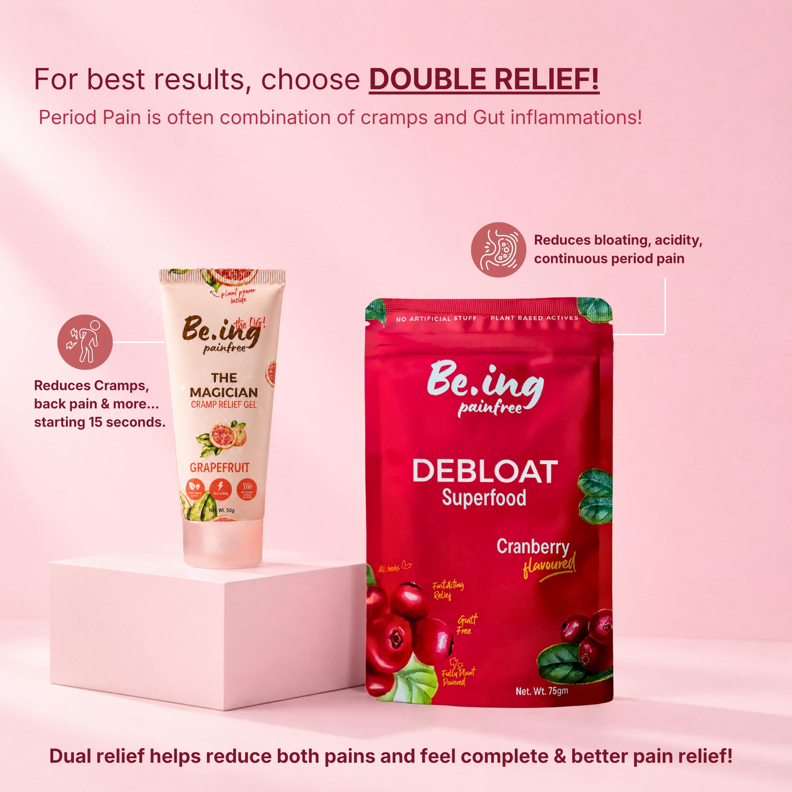 Be.ing painfree THE MAGICIAN Cramp Relief Gel -50gm| Starting 15 Seconds| 100% Plant Actives| 100% Safe| Zero Irritation| No Burns| For Cramps, Back, Legs and All Muscular Pains| Grapefruit 3