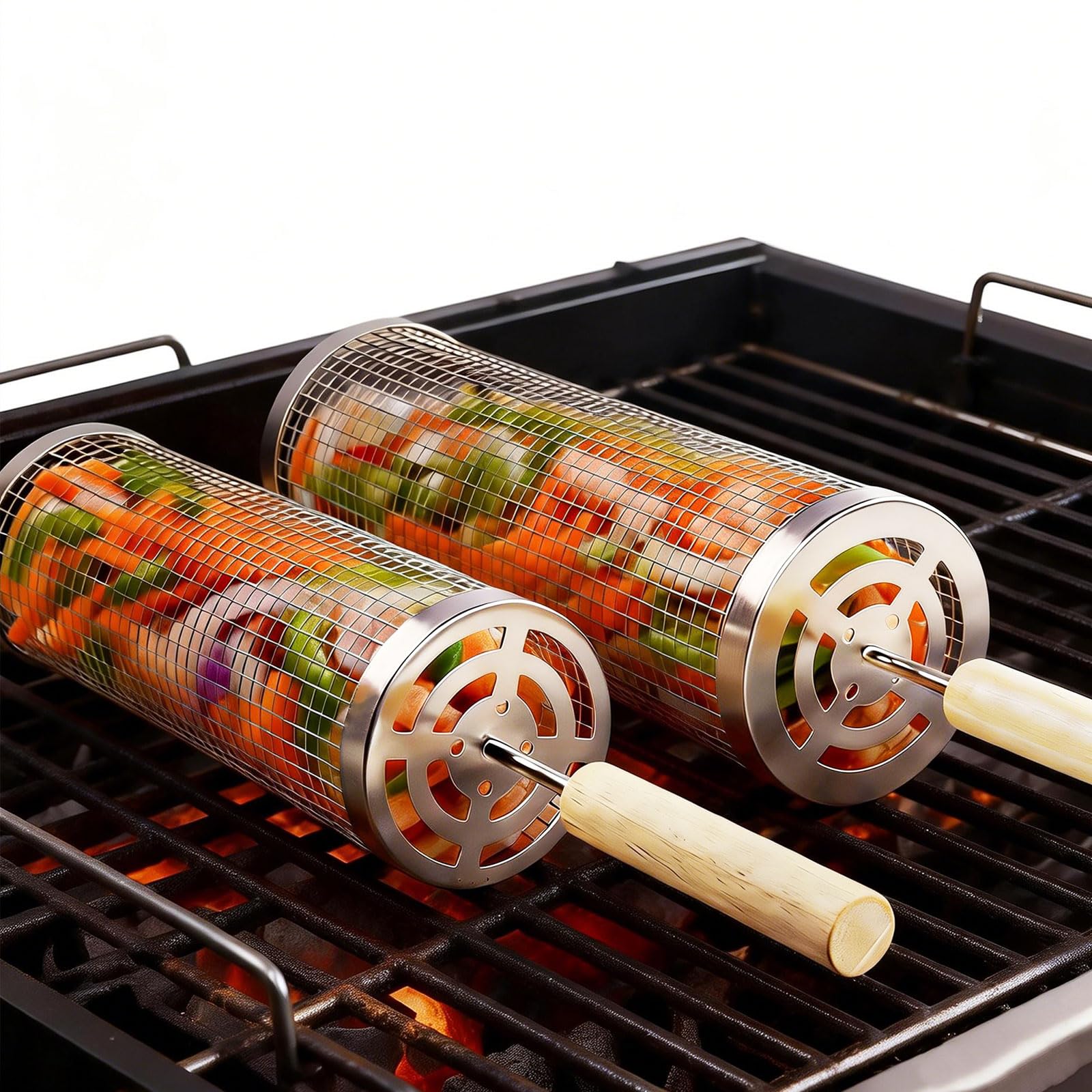 Bmavysa rolling grill basket 2-pack with removable wooden handles