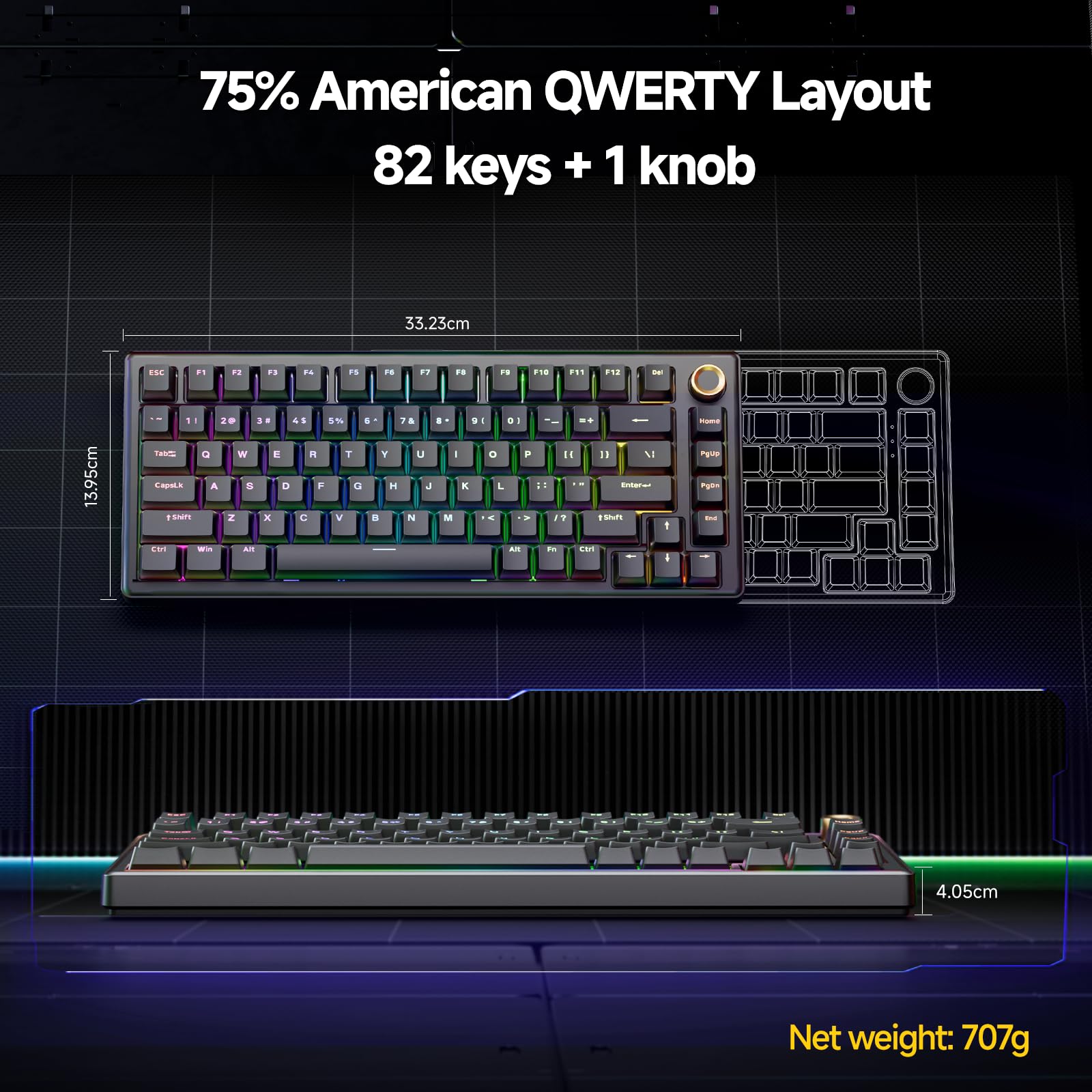 TMKB T81E Mechaniczna Klawiatura Gamingowa z Kablem, Oświetlenie RGB, Gniazdo Hot-Swap Gasket Mount, Układ 75% US-QWERTY, Creamy Keyboard z Pre-Smarowanymi Switchami Liniowymi - Czarny
