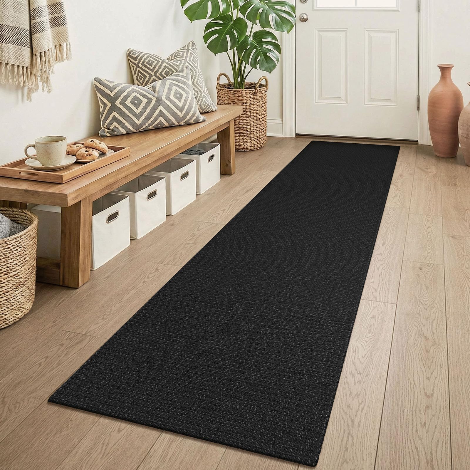 KOZYFLY Runners for Hallways 2x6 ft Washable Kitchen Runner Non Slip Rubber Backed Hall Runners Cotton Entryway Runner Rugs Floor Carpet for Indoor Backdoor Bedroom Kitchen, Black/Dark Grey — image 1