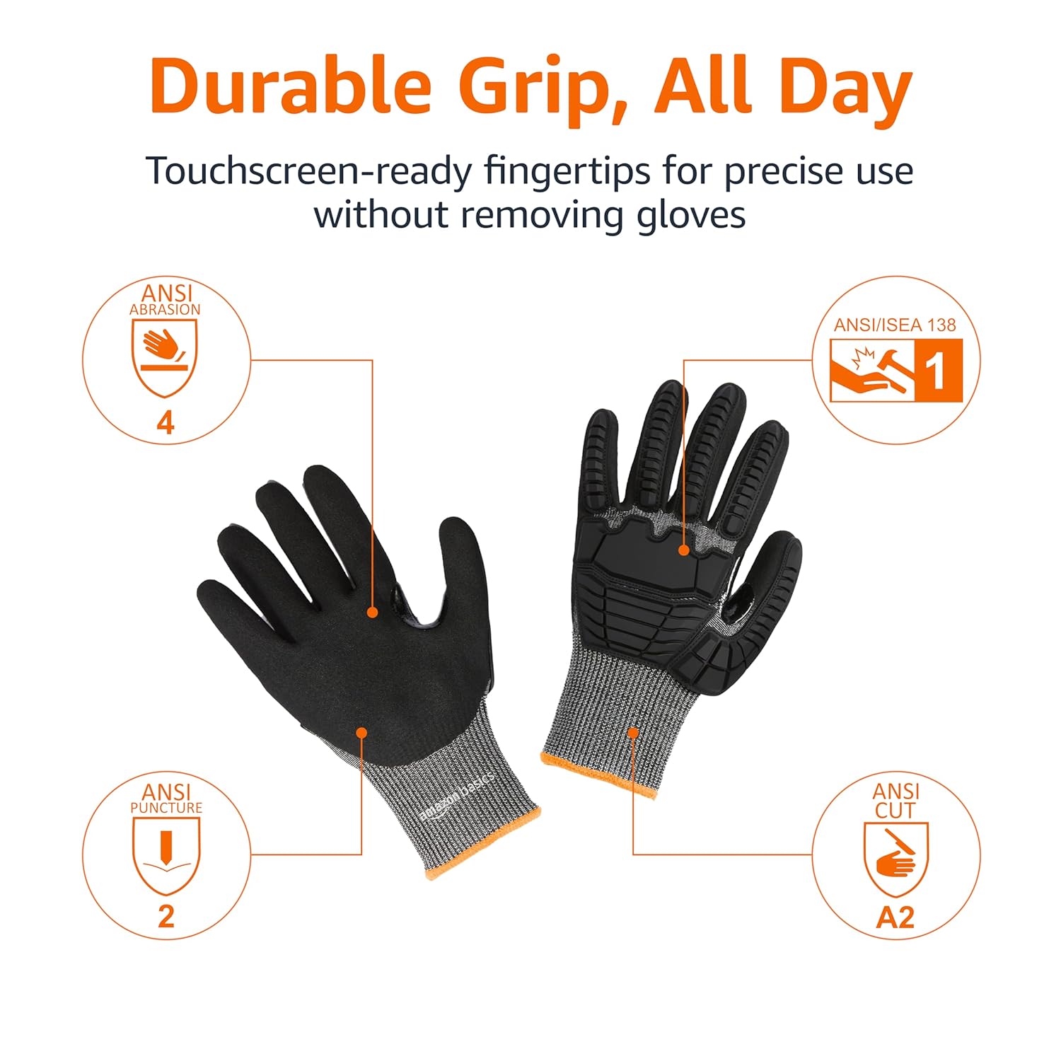 Amazon Basics Impact Protection Work Gloves - Cut Level A2, ANSI Level 4 Abrasion, Touchscreen Compatible, 15G Sandy Nitrile Palm, XXXS, 100 Pack, Black with Orange Edge