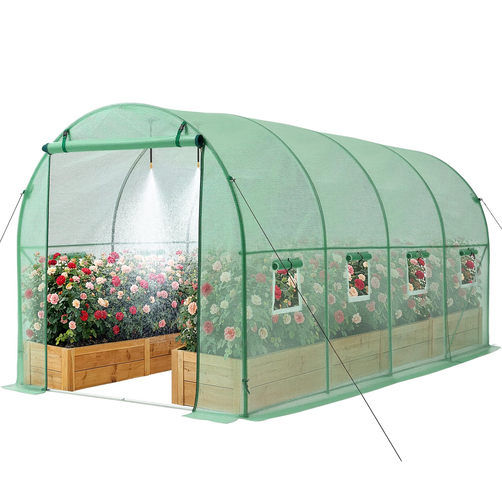 VEVOR Walk-in Tunnel Greenhouse, 15 x 7 x 7 ft Hoop House Greenhouse Tunnel with Watering System, Plant Hot House with Steel Frame, PE Cover, Roll-Up Zipper Door and 8 Windows for Outdoors, Green