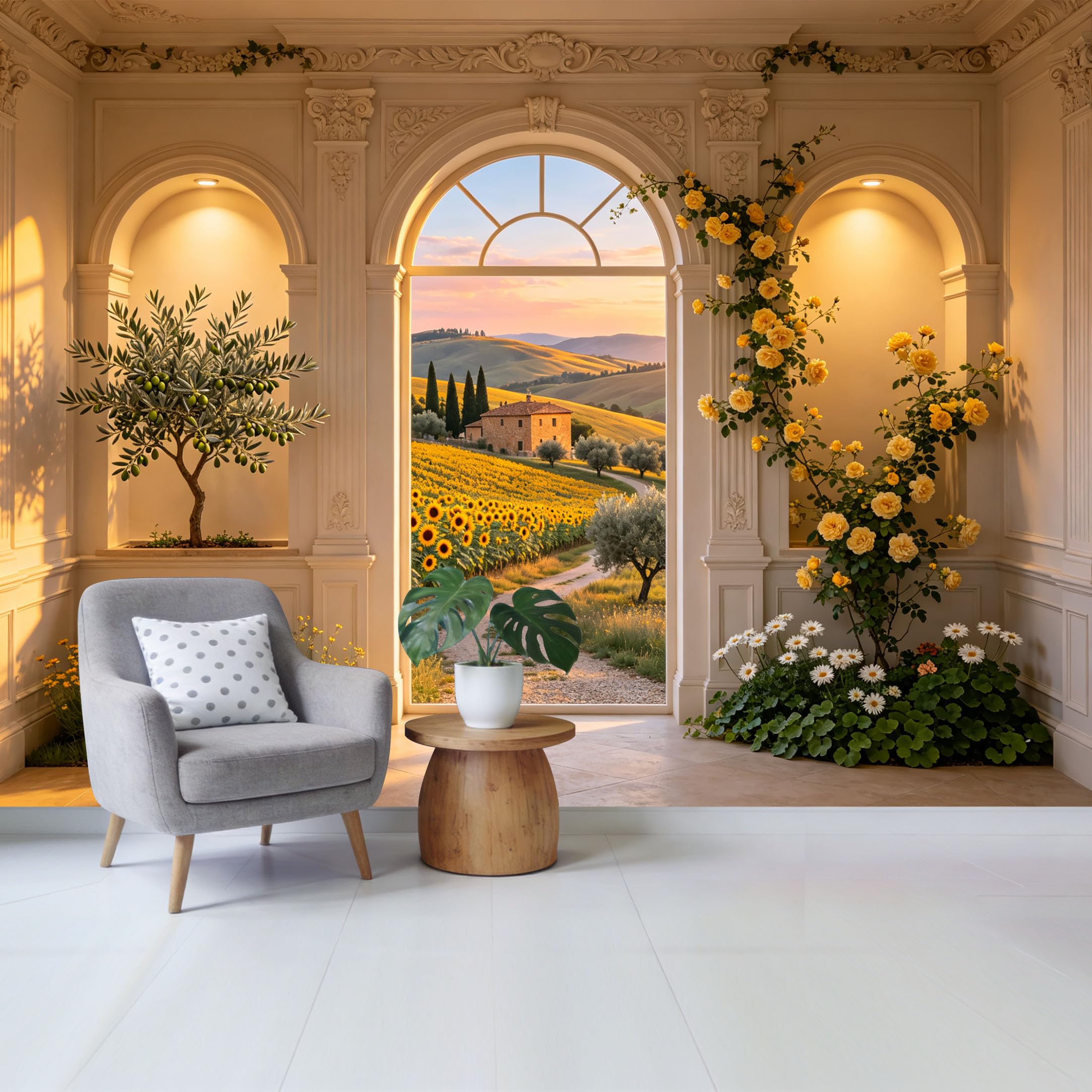 Custom Size Wall Mural Mediterranean Countryside Landscape Sunflower Field Arch Window View Removable Self Adhesive Fabric Home Wall Decor for Living Room Bedroom Bathroom