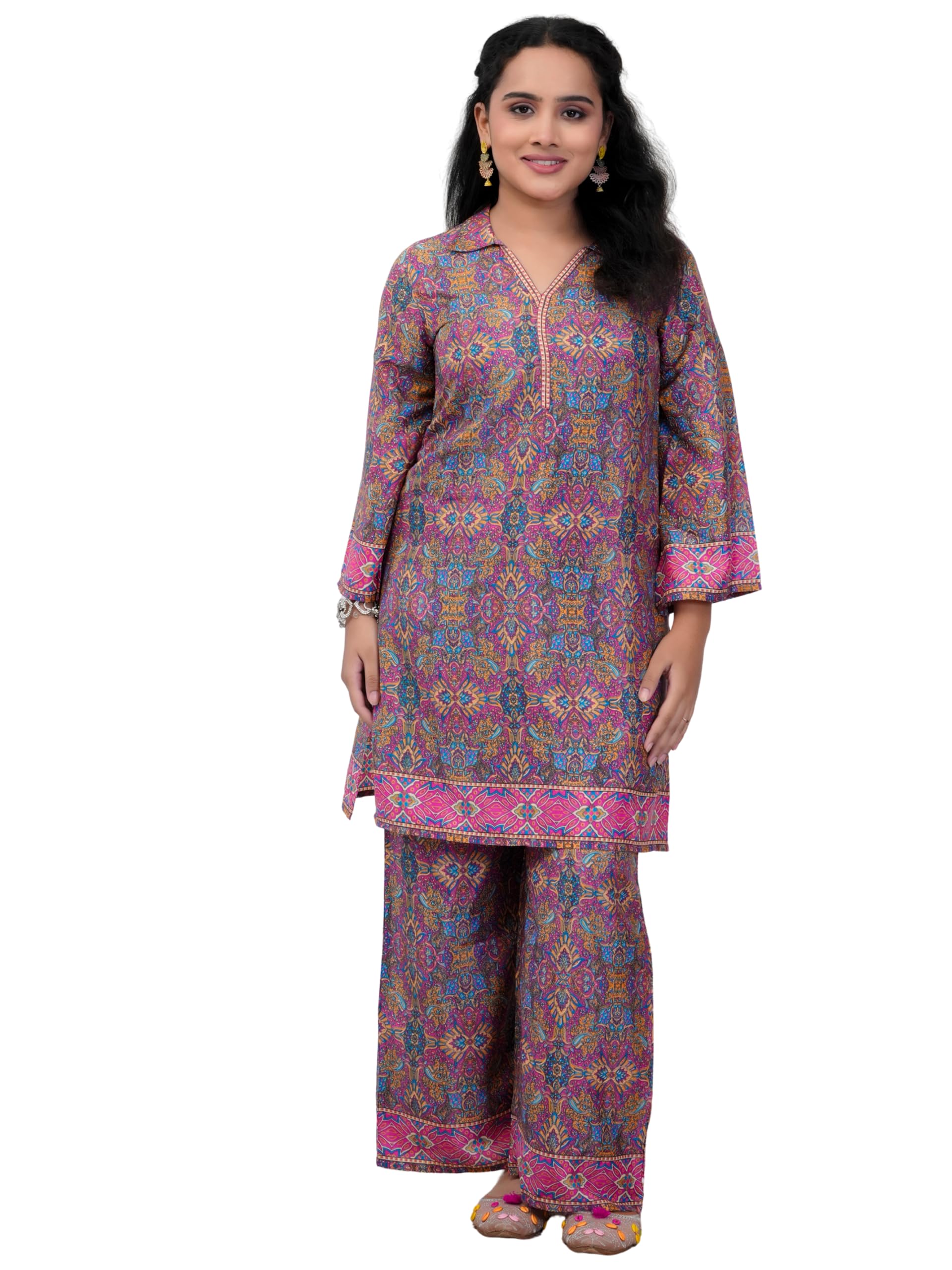Yash Gallery Women's Wrinkle Free Microfiber Fabric Printed Kurta Pant Co-ord Set | Soft & Lightweight Fabric | Collerd V-Neck Straight Kurta| Comfortable Ethnic Coord Set