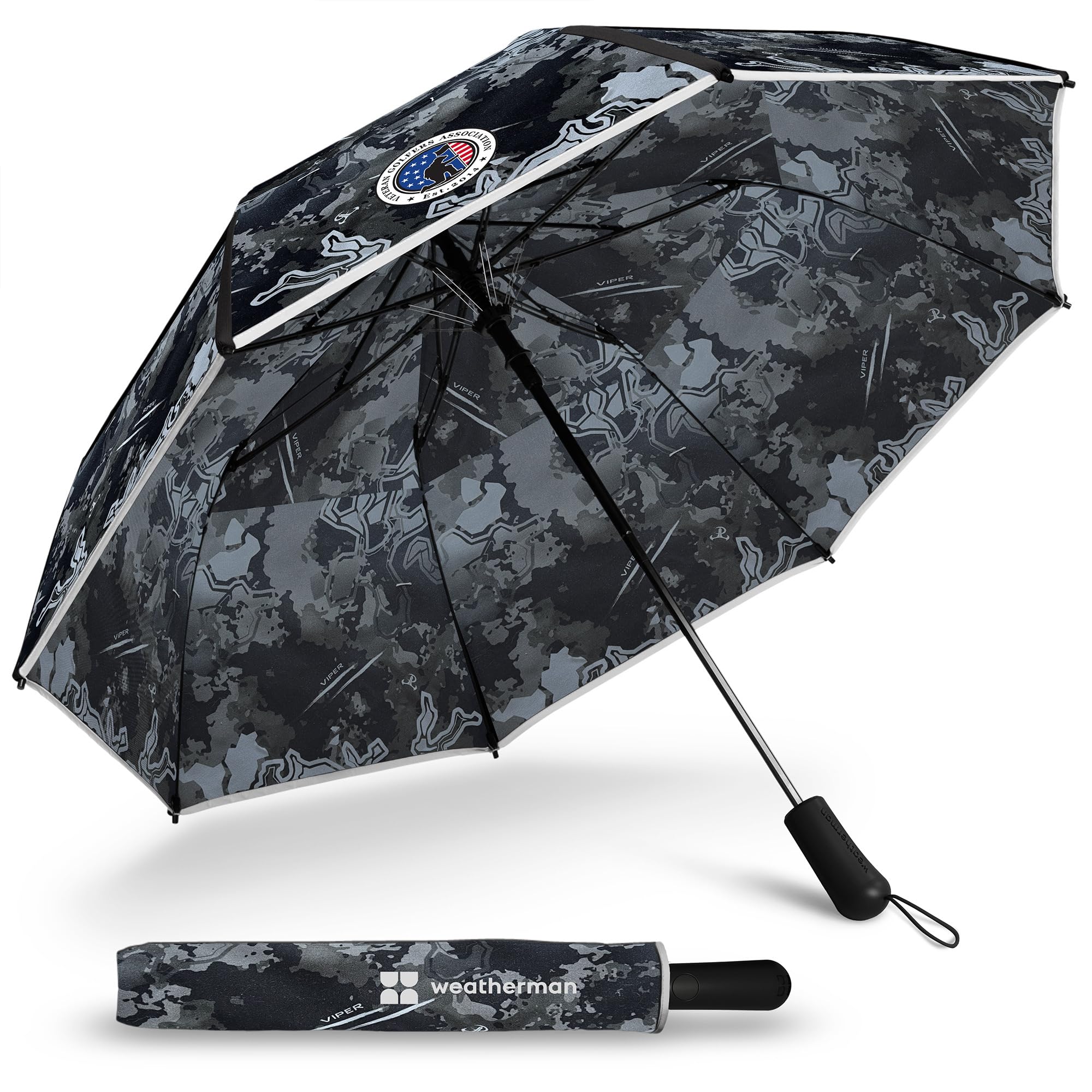 Weatherman Premium Collapsible Travel Umbrella - Windproof, Compact, Easy Auto Open - Resists Up to 55 MPH Winds - Perfect for Rain, Wind, Backpack, Car Folding Umbrella (TrueTimber Viper Camo - VGA)