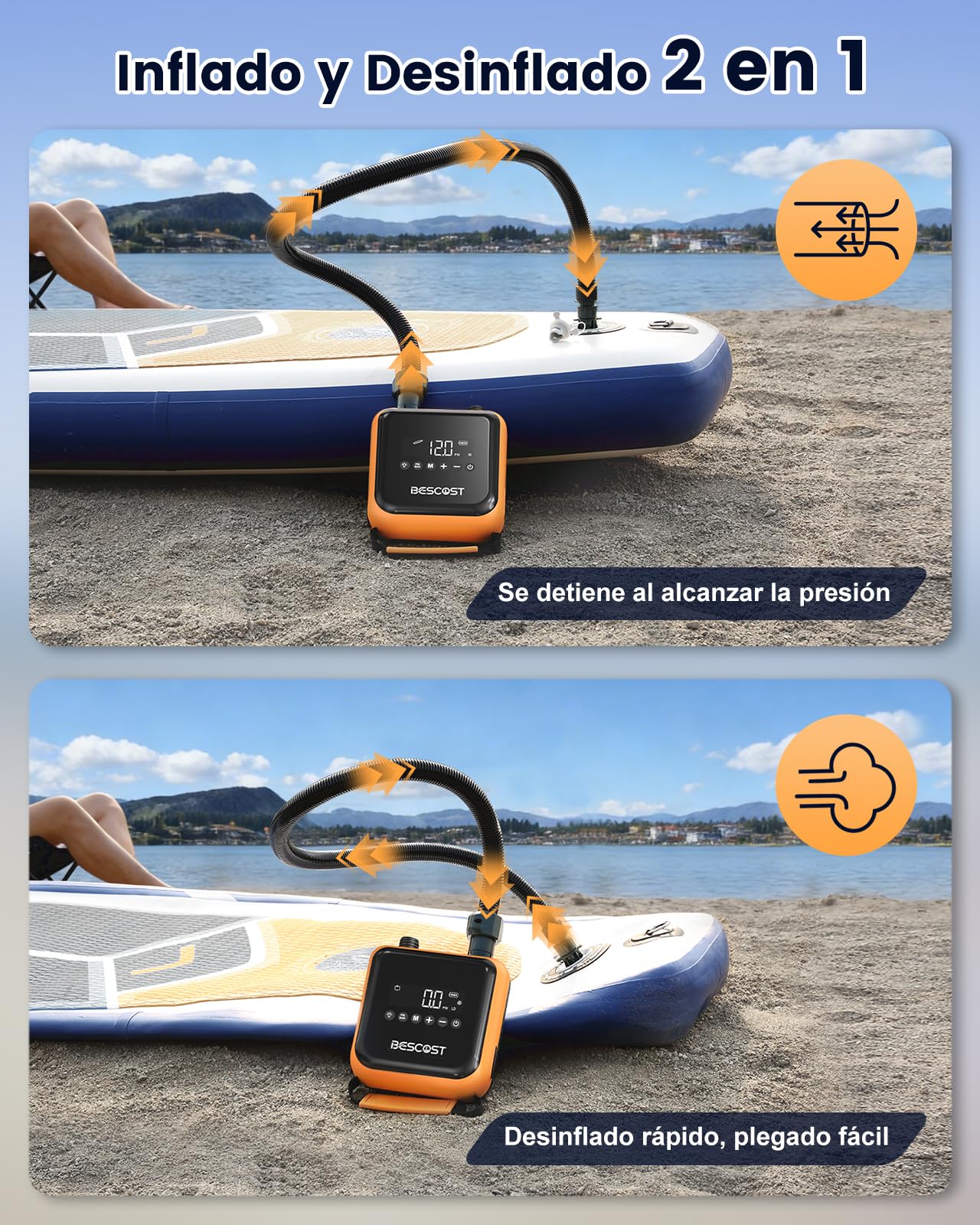 BESCOST 20PSI Bomba Eléctrica, Inflador Paddle Surf Eléctrico, Inflador Electrico Paddle Surf Recargable, Inflado/Desinflado Inteligente. Ideal para Tablas Sup, Cometa, Kayak, Tienda y Colchones — view 5
